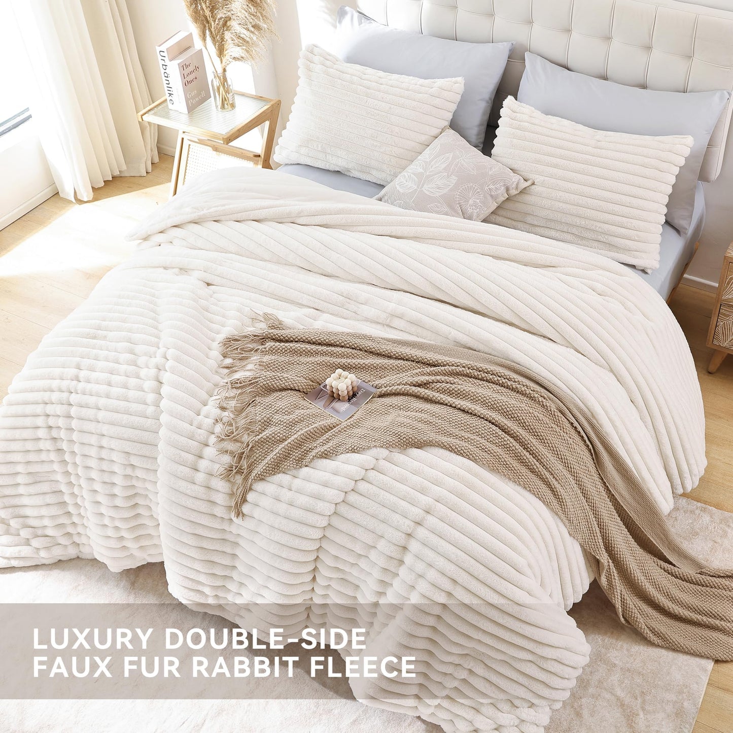YIKUSH Fluffy Queen Comforter Set 3 Pieces - Cream White Fleece Fluffy Comforter Queen Set, Luxury Fuzzy Queen Bed Set, Soft & Warm Bed Comforter Queen with 2 Pillow Cases