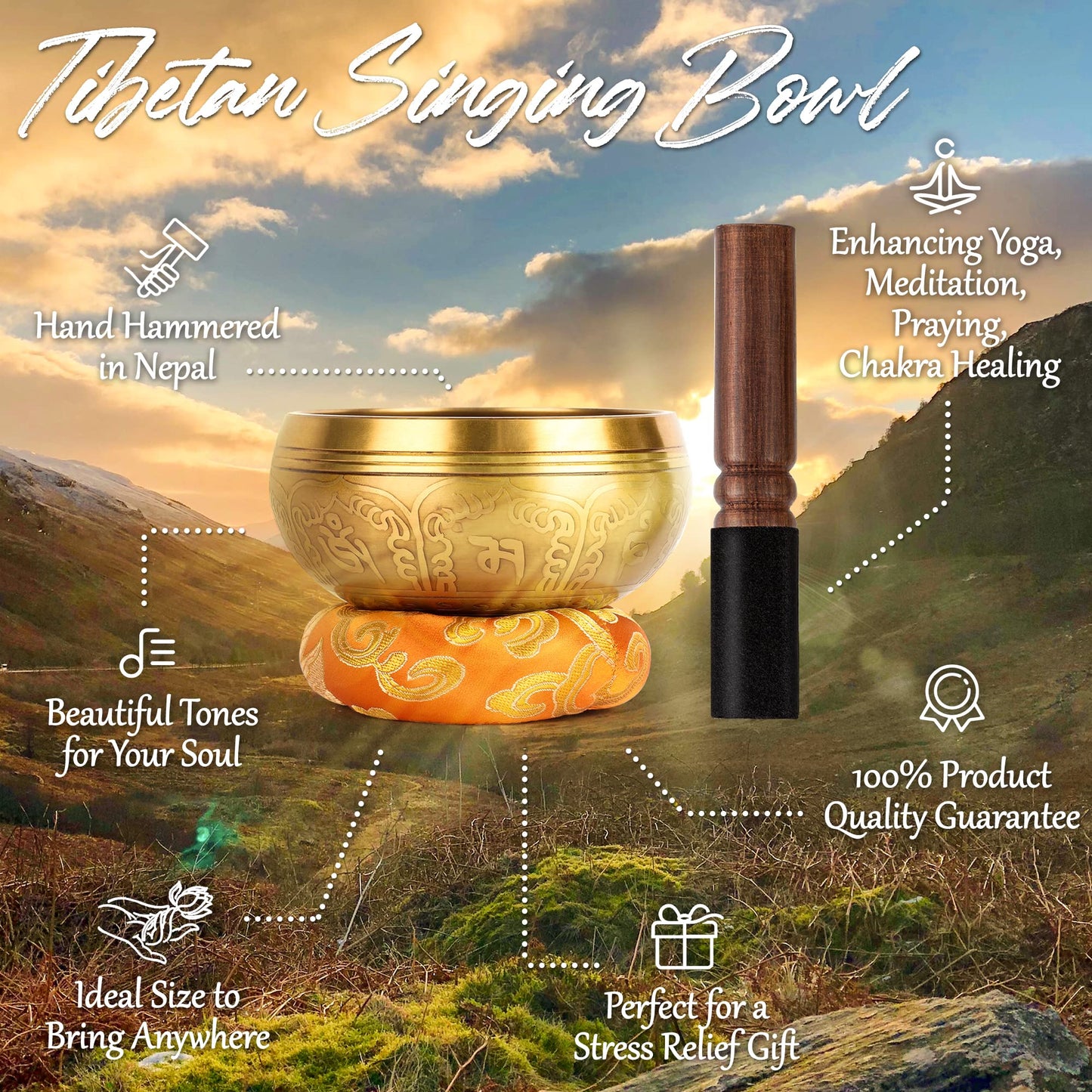 Tibetan Singing Bowl Set – Authentic Hand-Tuned Sound Bowl for Meditation – Complete Meditation Bowl Kit, Tibetan Bell for Yoga, Relaxation, & Sound Healing, Unique Gifts for Women, Men