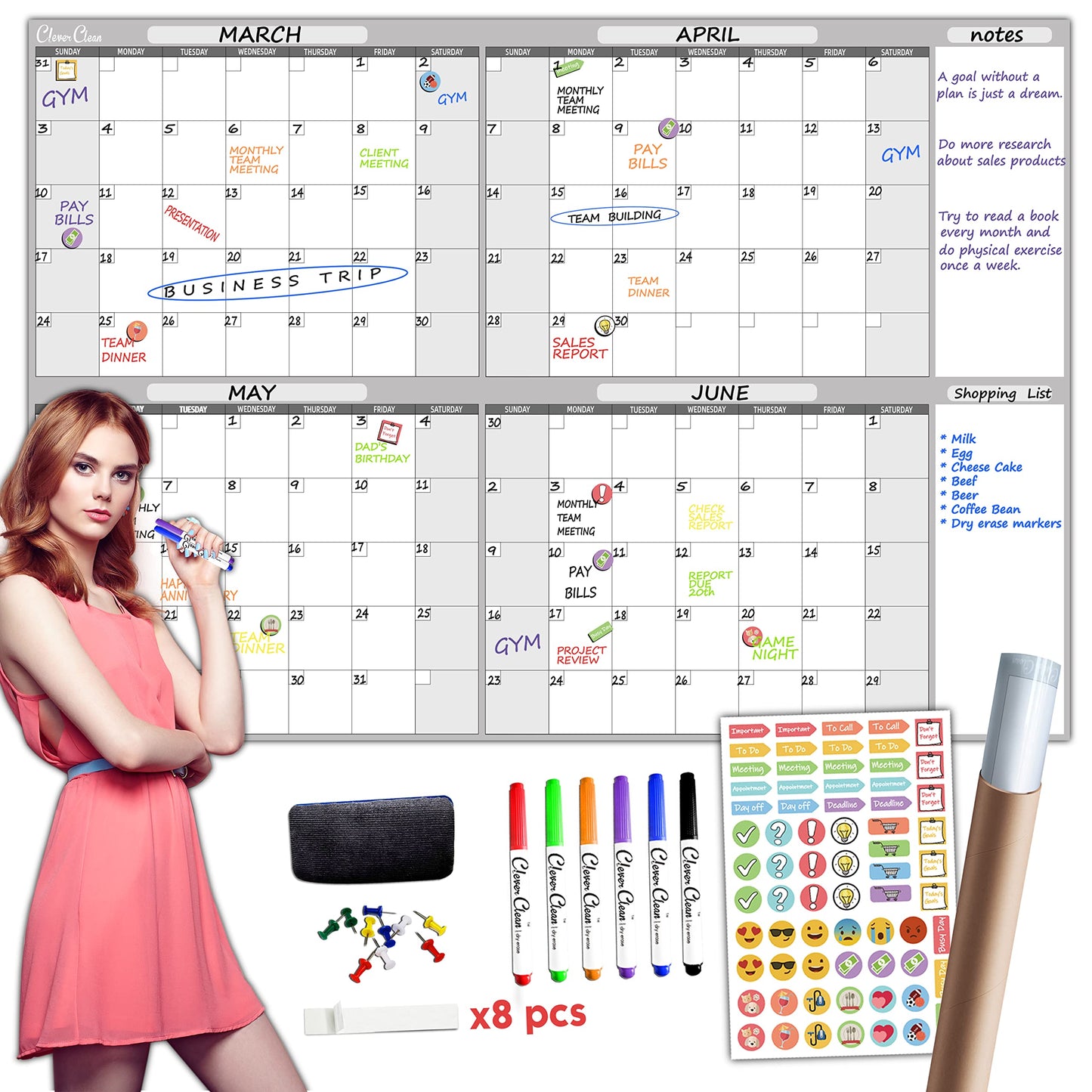 Large Dry Erase Wall Calendar - 36" x 52" Undated 4-Month Calendar for Home, Office, School - Reusable Jumbo Laminated Task Organizer