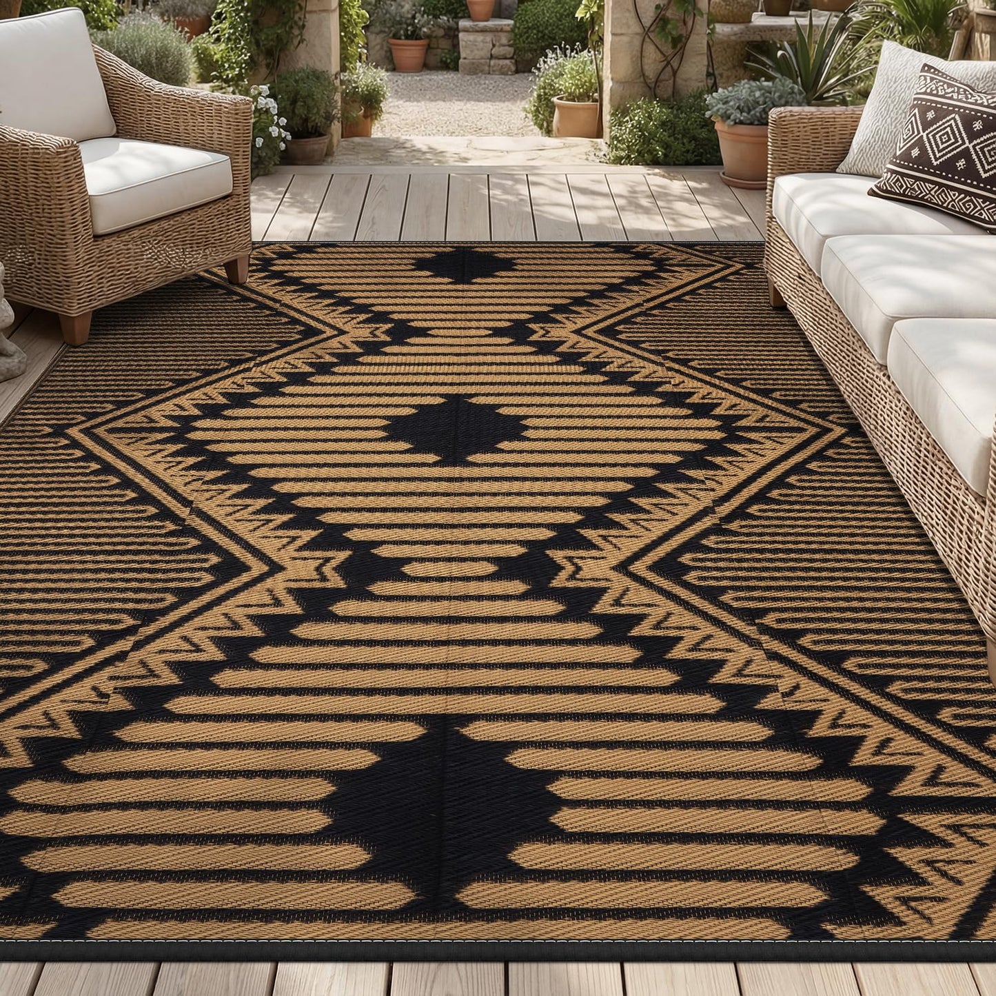 RESARE-Outdoor Rug-Patio Rug 5x8 ft Boho Waterproof Outdoor Carpet RV Deck Camping Portable Boho Rugs for Outdoor Area Rug Picnic Backyard Porch Beach Mat Black & Brown