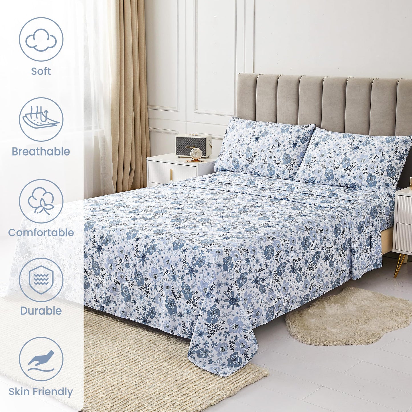 Mooreeke Floral Queen Sheets, Soft Breathable Microfiber Vintage Printed Bed Sheet Set, Deep Pocket Non-Slip Fitted Sheet Included, Blue Flower Pattern