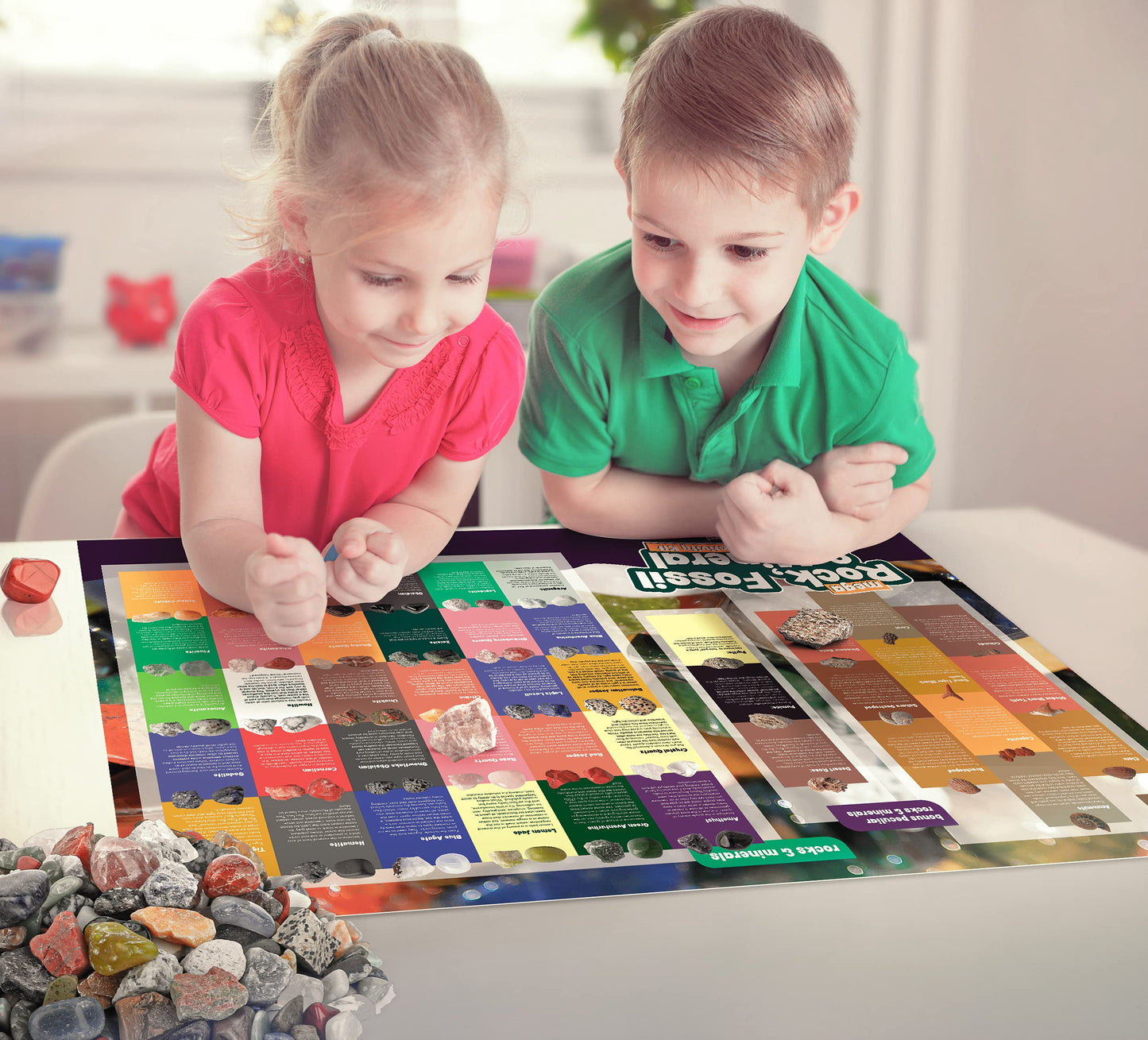 Rock, Fossil & Mineral Collection & Activity Kit. Includes 250+ Real Gemstones, Crystals Specimens & Jumbo Learning Mat - Bulk Rough Rocks, Polished Gem Stones, Genuine Fossils - Science Gift for Kids