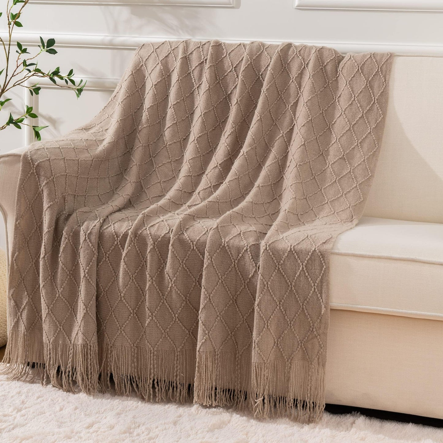 BATTILO HOME Beige Throw Blanket for Sofa Couch Office Living Room Home Decor Lightweight Textured Soft Cozy Knit Throw with Tassels Suitable All Seasons 50"x60"