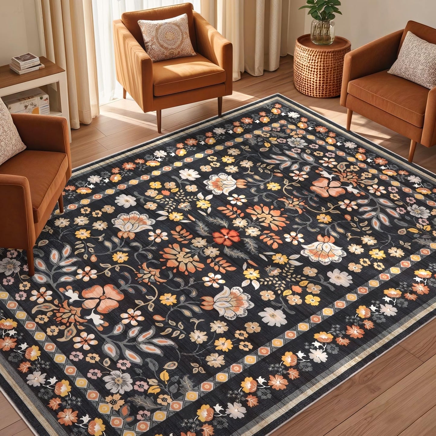 Uermei 5x7 Area Rug for Living Room: Washable Boho Floral Soft Non-Slip Low Pile Carpet for Bedroom Dining Room Kids Playroom Office Decor Indoor-Black Grey
