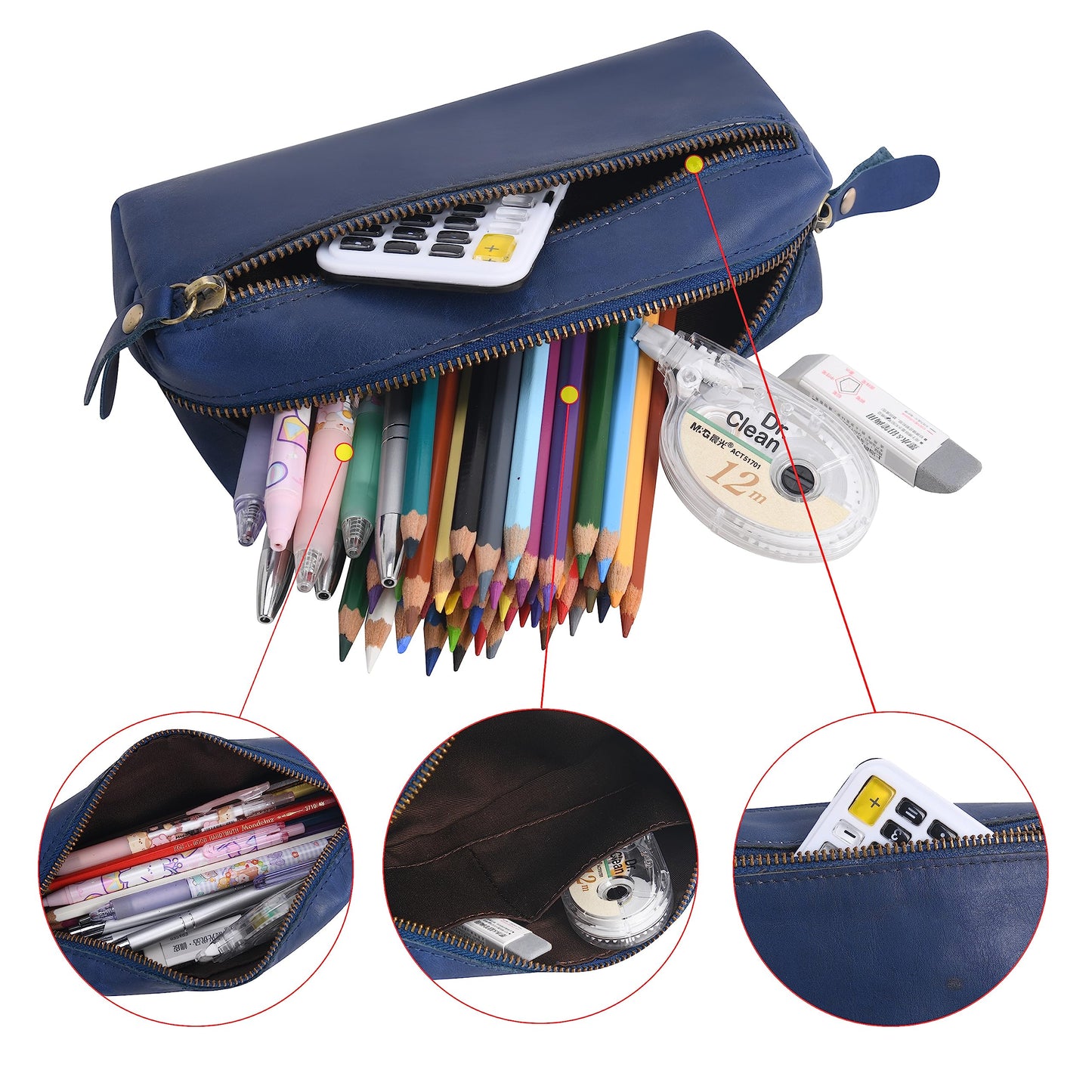 Wonderpool Pen Case Real Leather Pencil Pouch Markers Holder Big Capacity Bag with Side Zippered Pocket Sleeve for Stationery Makeup Utensils Tool Organizer (Blue)