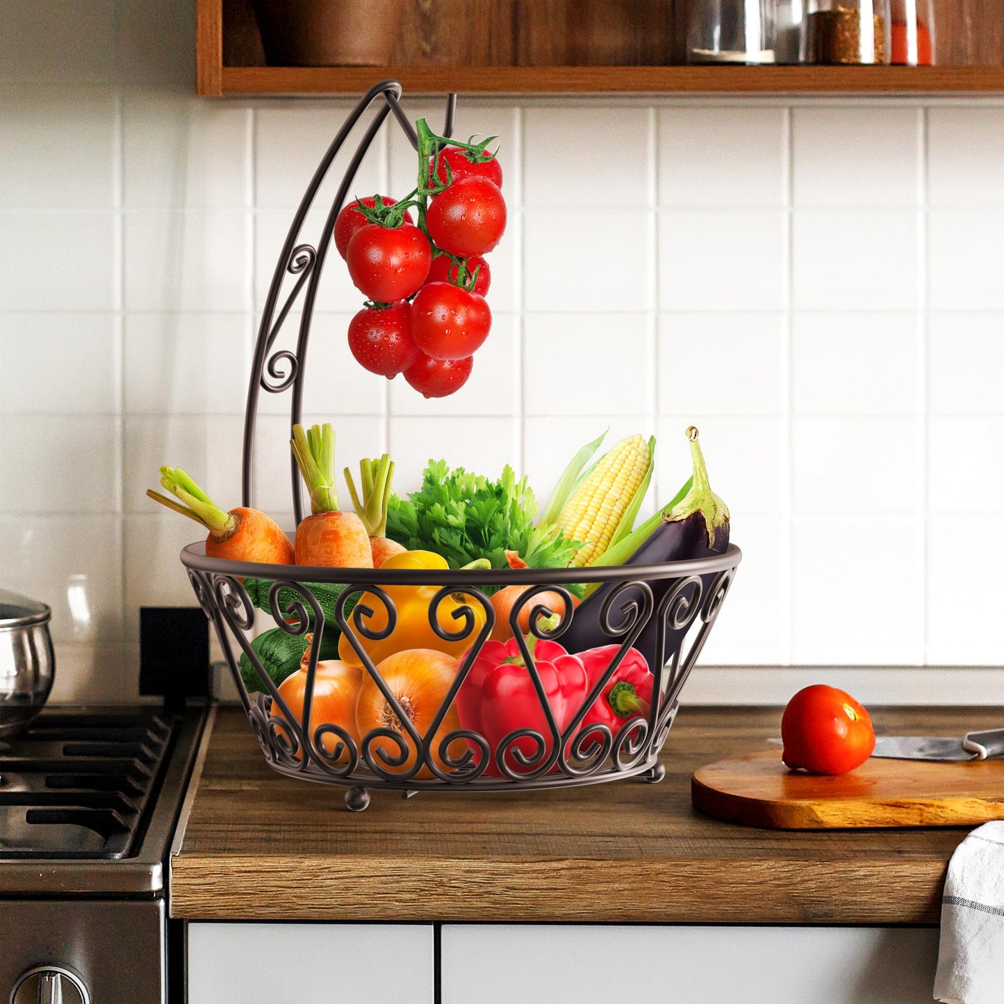 Simple Houseware Fruit Basket Bowl with Banana Tree Hanger - Wire Produce Storage Stand & Organizer for Kitchen Counter, Bronze