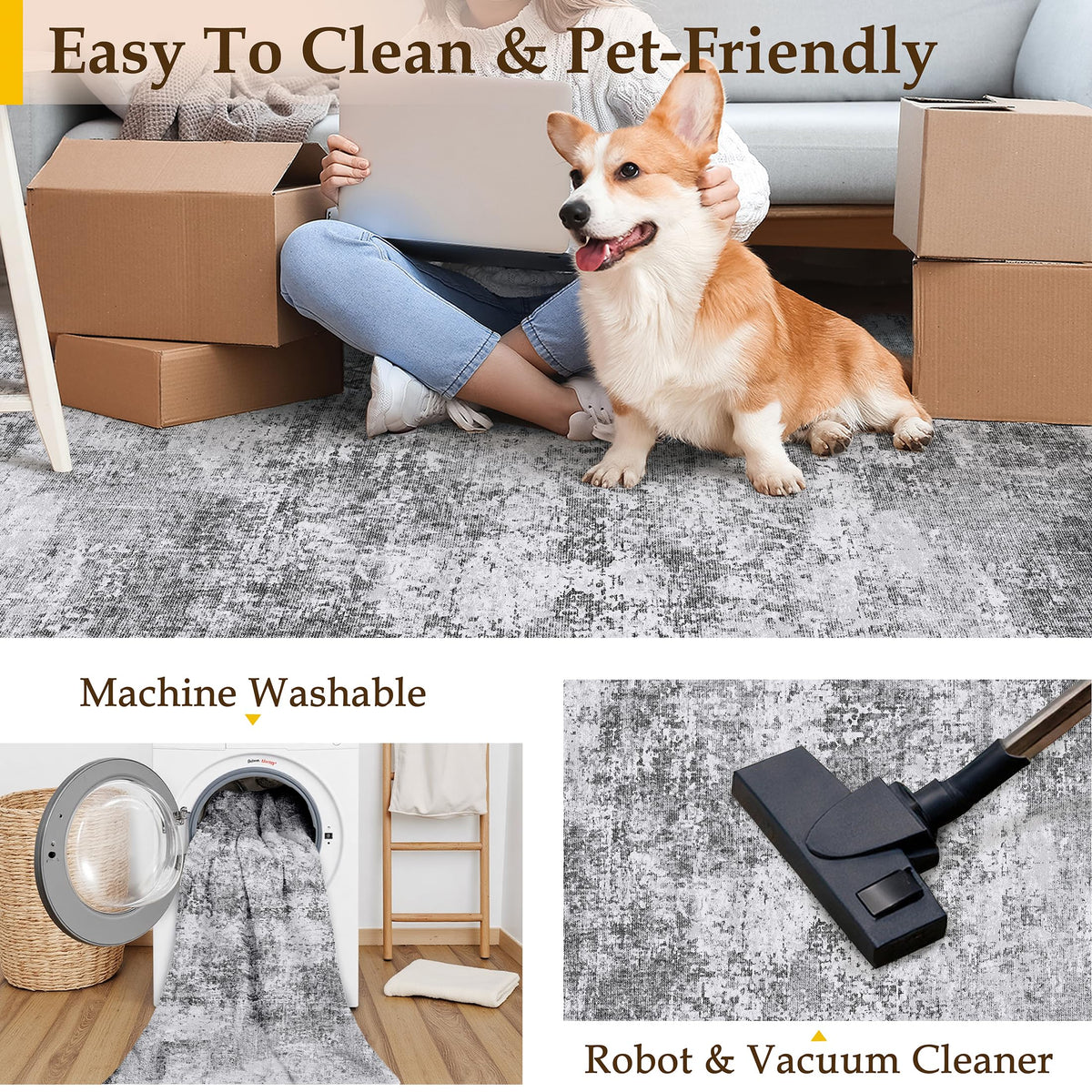 PureCozy Abstract Grey Area Rug 3x5 Modern Office Carpet Washable Neutral Soft Entryway Door Mat Low Pile Non Slip Indoor Throw Rug for Kitchen Bathroom Bedroom Laundry Living Dining Room