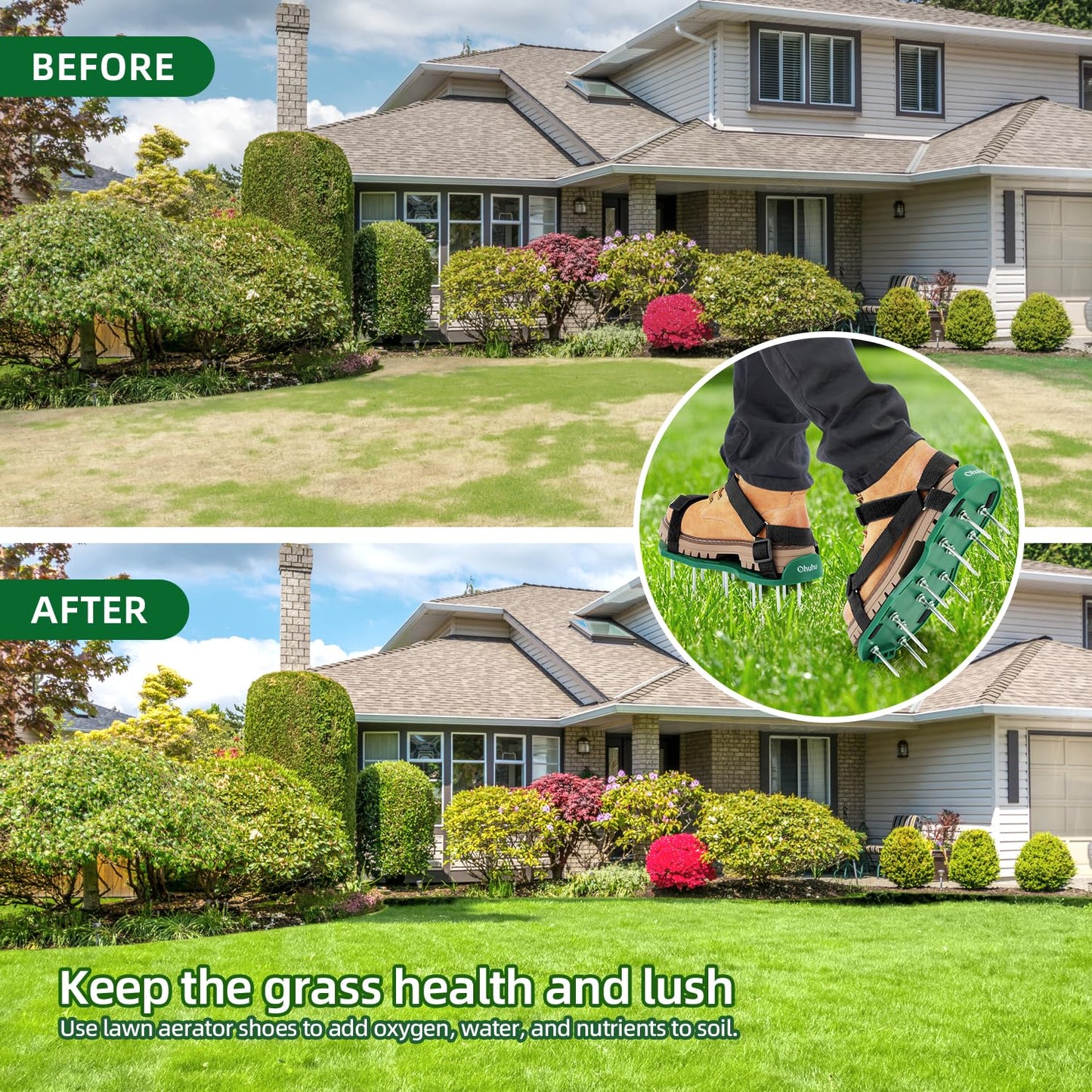 Lawn Aerator Shoes, Ohuhu Free-Installation Lawn Aerator Shoes for Grass Heavy Duty Grass Aeration Sandals with Stainless Steel Spikes and Shovel Adjustable Hook & Loop Straps for Lawn Patio Garden