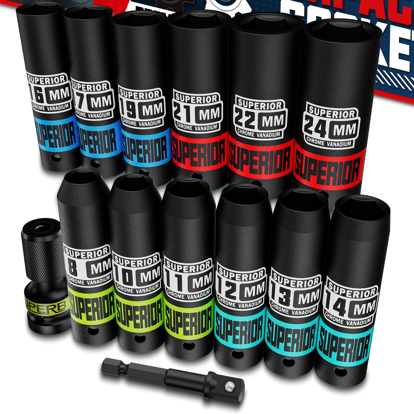 Aiourx 14 Piece 1/2" Drive Impact Socket Set, Metric Deep Socket, CR-V Steel, 6 Point, 8mm to 22mm, Automobile Repair, Equipment Maintenance