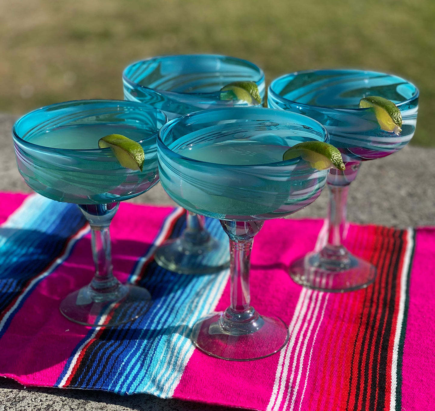 Dos Sueños Mexican Hand Blown Glass â€“ Set of 4 Hand Blown Margarita Glasses Aqua Swirl (16 oz)