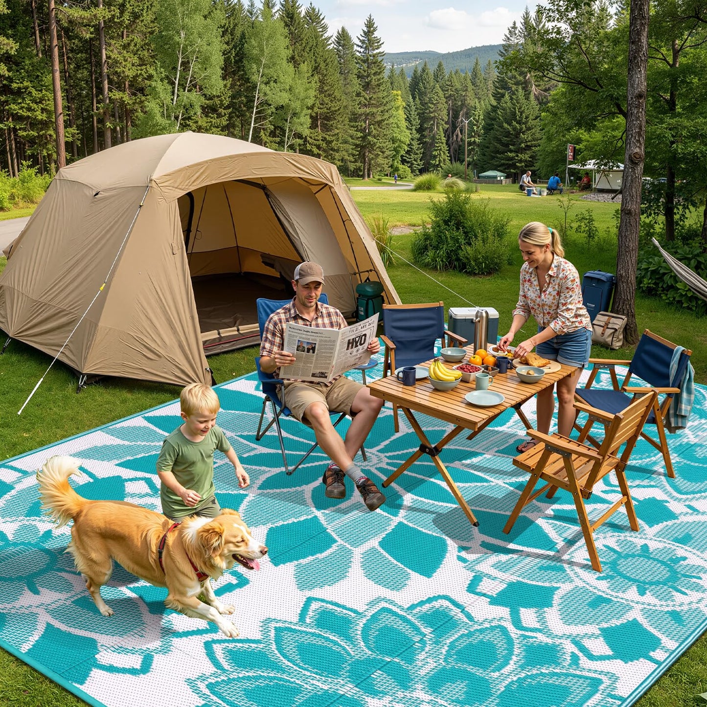 LOKHOM Outdoor Rug for Patio 5x8 ft Reversible Plastic Straw Patio Camping Rug, Floral Waterproof RV Mat for Camper Indoor Outdoor Carpet for Deck Porch Picnic Beach Balcony Backyard, Teal & White