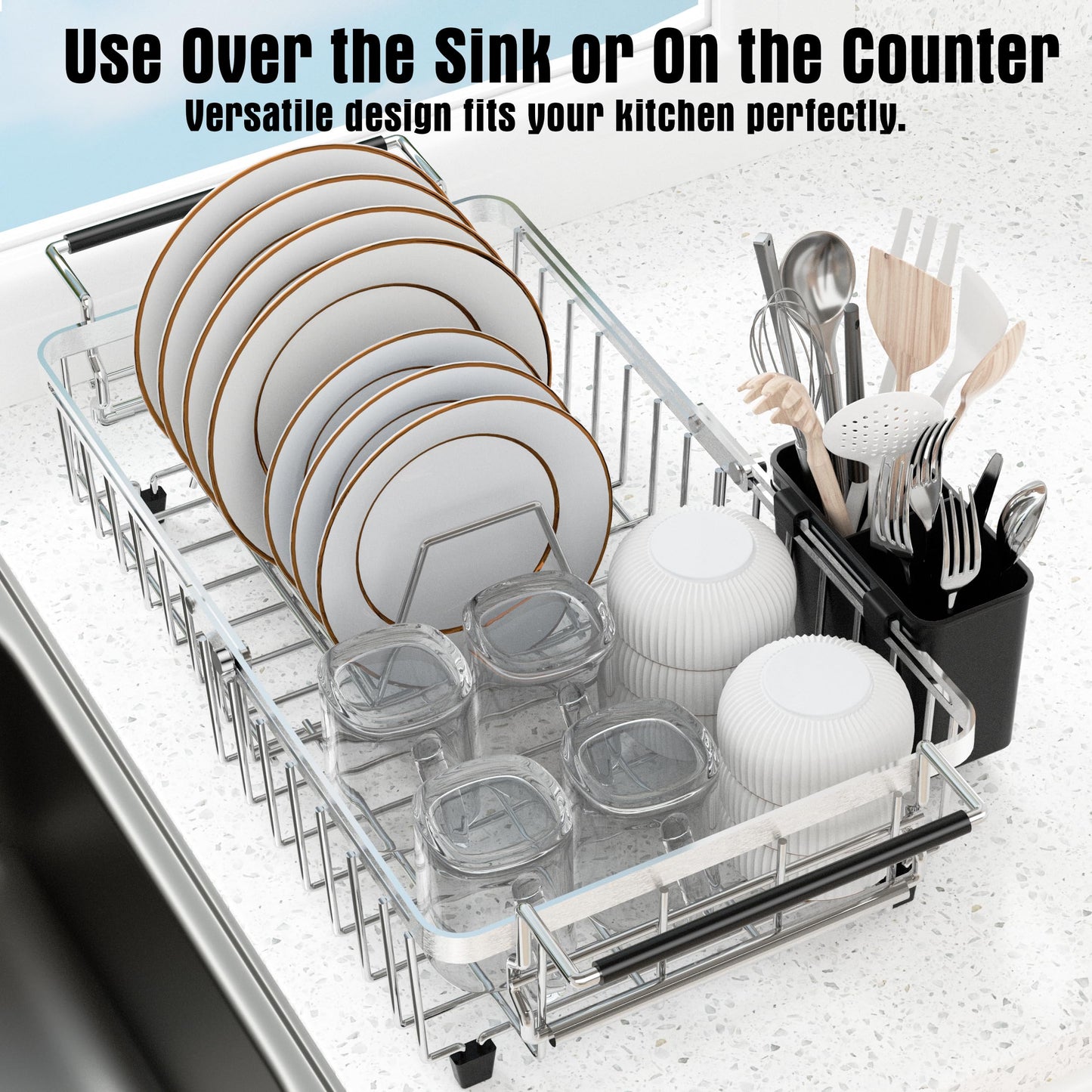 Dolreiik Expandable Dish Drying Rack in Sink,Stainless Steel Over The Sink Dish Drainer Drying Rack for Kitchen Counter,with Utensil Holder,Silver