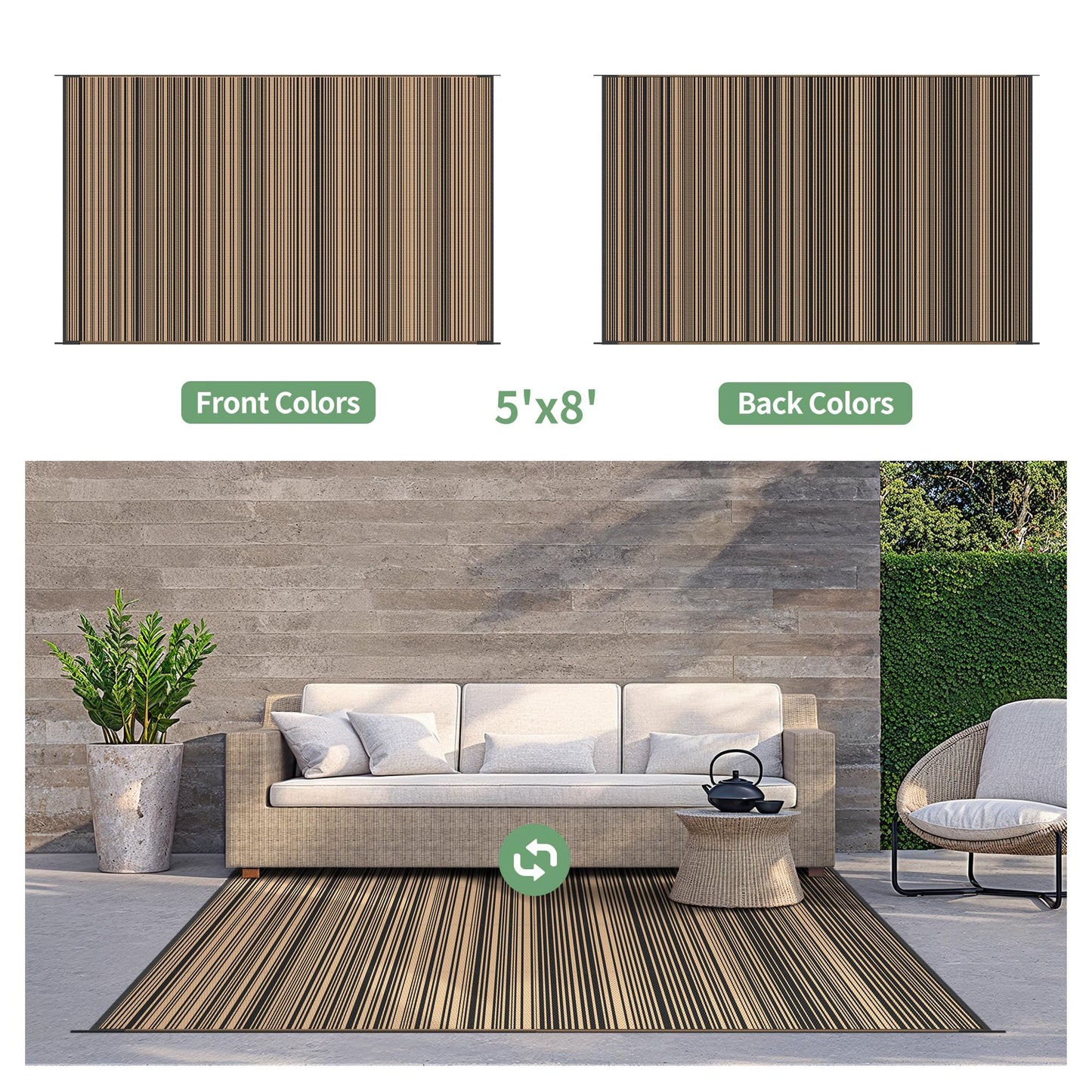 GENIMO Outdoor Rug for Patio Clearance, Reversible Plastic Straw Rugs, Lightweight Waterproof RV Camping Mat for Camper, Balcony, Deck, Backyard, Picnic, Black Brown