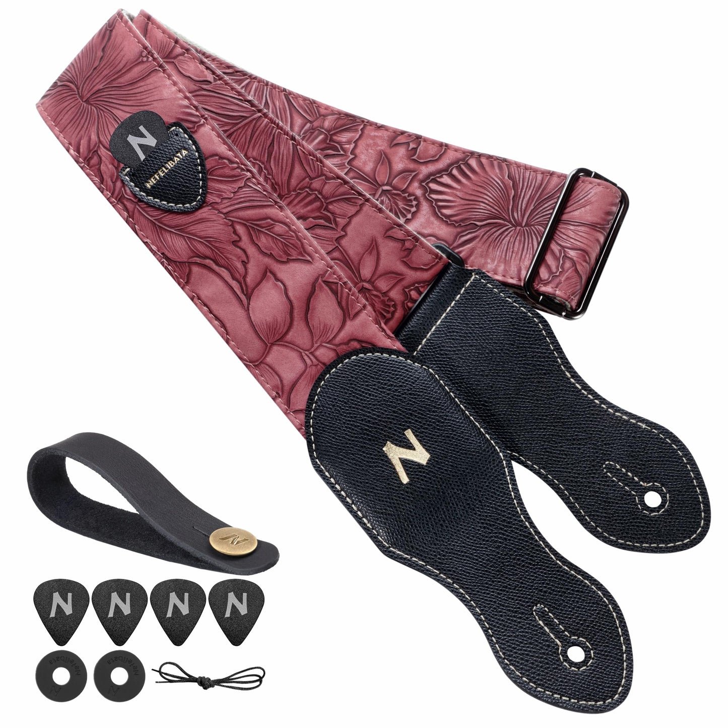 Nefelibata Guitar Strap with Pick Pocket,2.3 inch Porter Style Leather Carving Guitar Straps with Leather Ends,60s Vintage Style Include Guitar Picks,Strap Button and Strap Locks (Red)