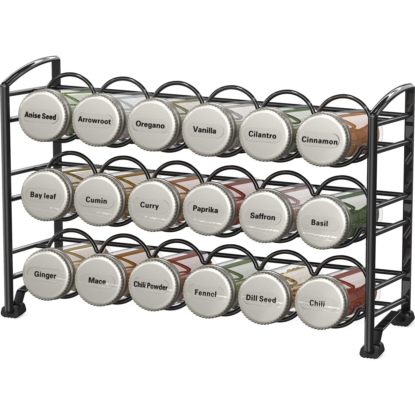 Deco Brothers Spice Rack Organizer with 18 Spice Bottles, 48 Spice Labels Set for Cabinet, Countertop, Pantry, Cupboard, Black