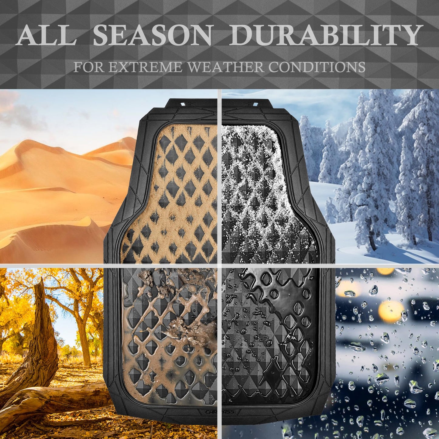 CAR PASS Rubber Car Floor Mats Full Set, Heavy Duty Deep Dish All-Weather Liners, 3D Anti-Slip Rhombus, Waterproof & Trim-to-Fit, Universal Fit for Cars, SUV & Truck, 3-Piece, Black