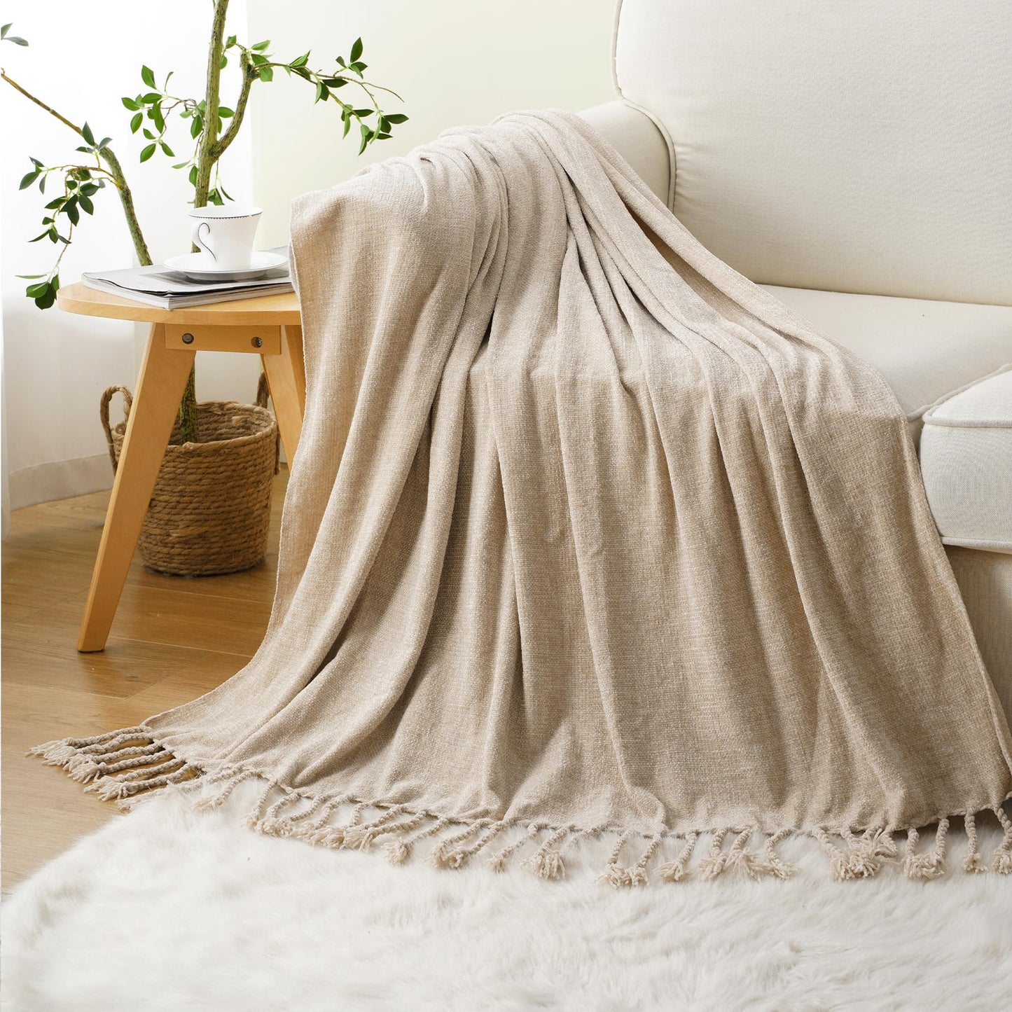 BATTILO HOME Beige Chenille Throw Blanket for Couch Sofa Chair Bed Home Decor, Lightweight Boho Knitted Throw with Fringe Tassels Suitable for All Season,50''X60''