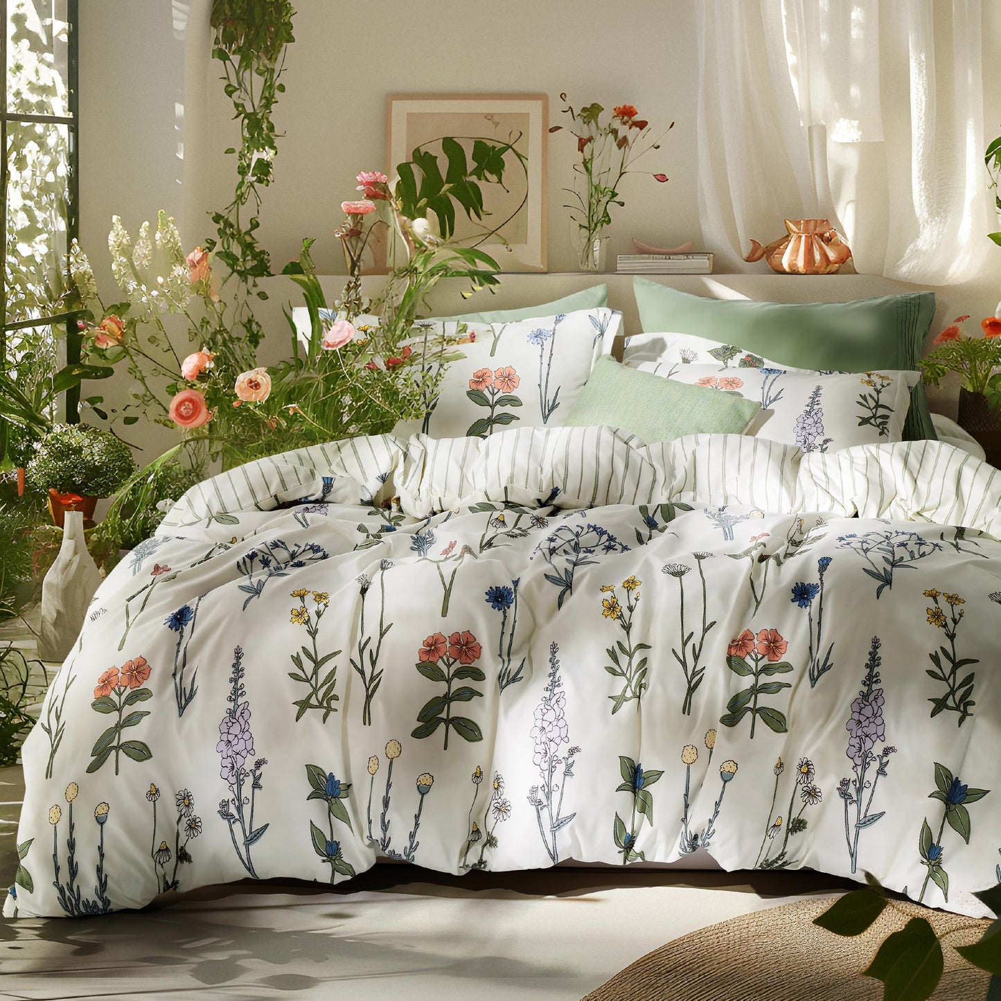 Bedsure Duvet Cover Queen Size - Reversible Botanical Floral Duvet Cover Set for Kids & Adults with Zipper Closure, 3 Pieces White Bedding Set with 8 Corner Ties and 2 Pillow Shams 20"x26"