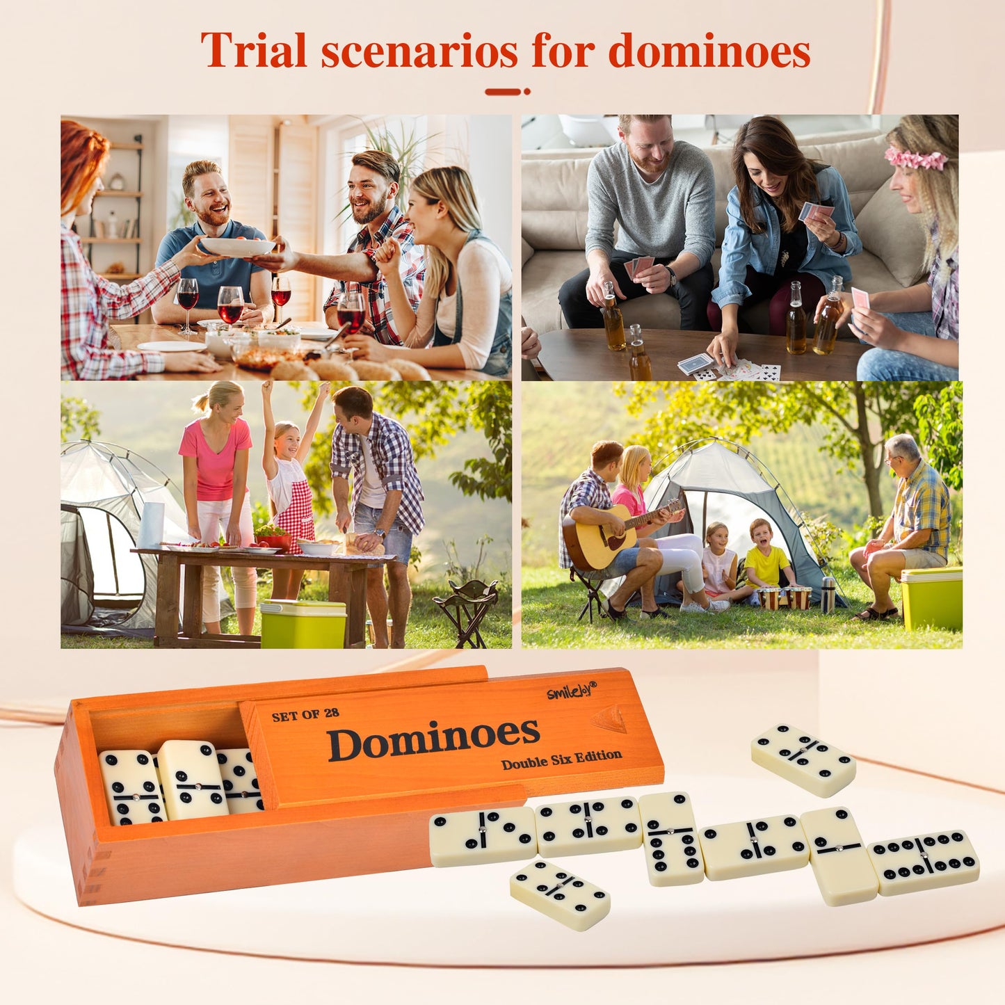 Smilejoy Domino Set for Adults, Double Six Jumbo Dominos Set,Thick Size Domino Game, Double 6 Dominoes for Family Games for Adults and Elderly, Jumbo 28 Tiles with Prime Brown Wood Box (2-4 Players)