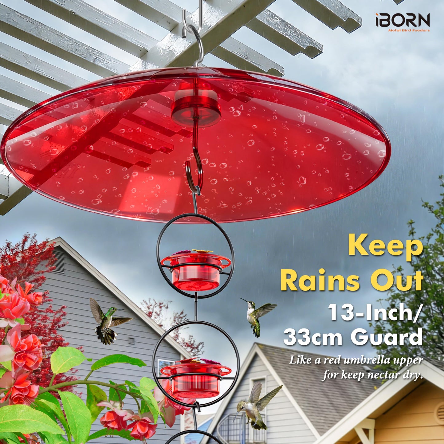iBorn 13-inch Hummingbird Feeders Baffle, Weather Guard, for Hanging Bird Feeder for Outdoors Rain Guard, Chew-Proof Polycarbonate, Pack of 2, Red