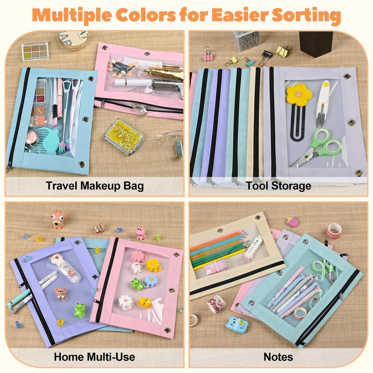Lanpn 3 Ring Binder Pouch Bulk 36 Pack, Pencil Case with Binder Holes, Aesthetic Pencils Pouches, Zipper Pen Bags Holder for Kids Boy Girl School Student Storage, Clear Window & Reinforced Grommets
