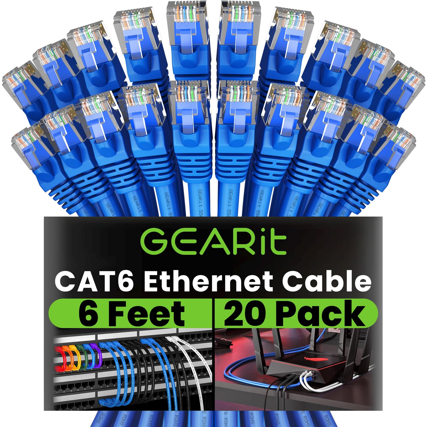 GearIT 20 Pack, Cat 6 Ethernet Cable Cat6 Snagless Patch 6 Feet - Computer LAN Network Cord, Blue