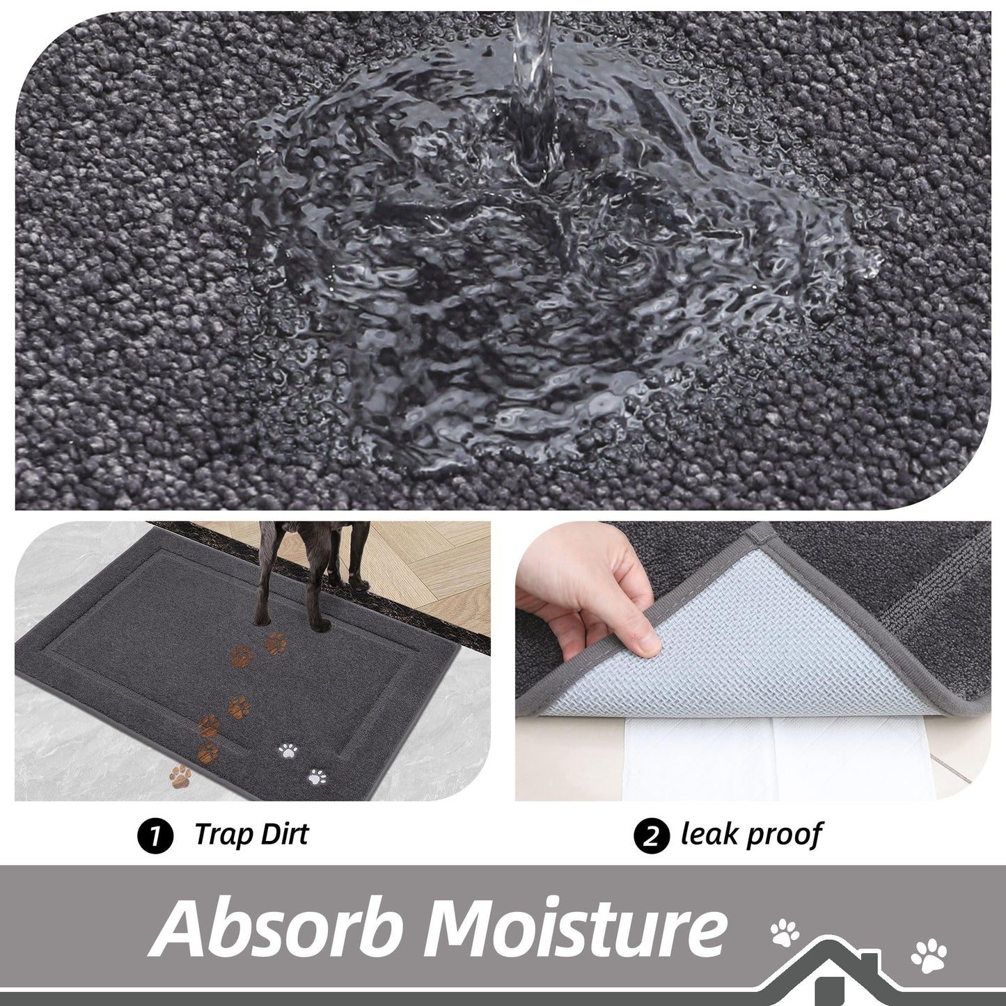 BEQHAUSE Dog Door Mat for Muddy Paws 32"x48", Absorbent Dirt Trapper Entryway Rug Non-Slip Washable Welcome Mat Soft Stain Resistant for Dogs Entry Indoor Door Mat, Dark Grey