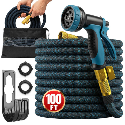 100ft Garden Hose with 10 Function Spray Nozzle, Expandable Garden Hose, 3/4" Easy Removal Solid Brass Connector, Flexible Water Hose, Extra Durable Material, Black&Blue by Luft