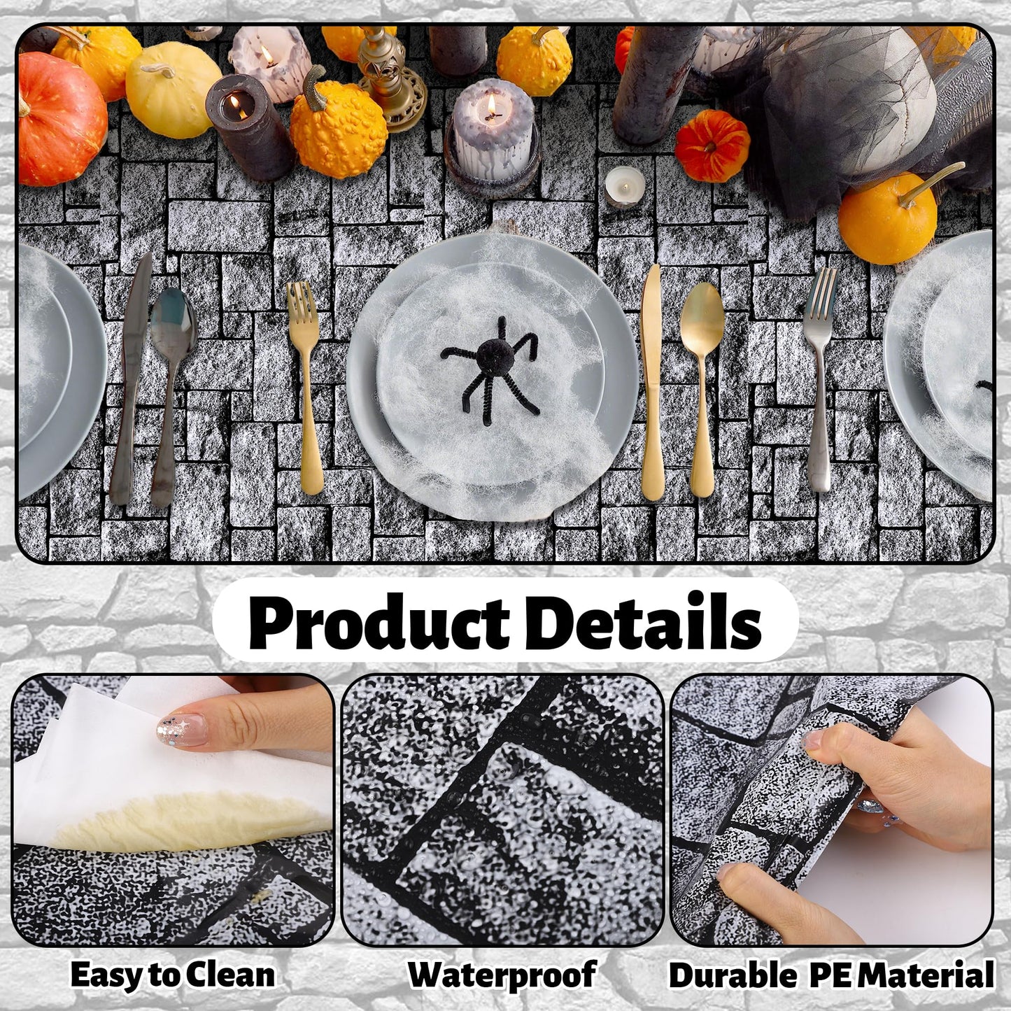 Aneco Halloween Stone Wall Tablecloth Roll with Cutter Box 120 Ft X 54 Inch Disposable Brick Stone Plastic Table Cover Medieval Brick Wall Backdrops for Castle Knight Theme Parties and Birthdays