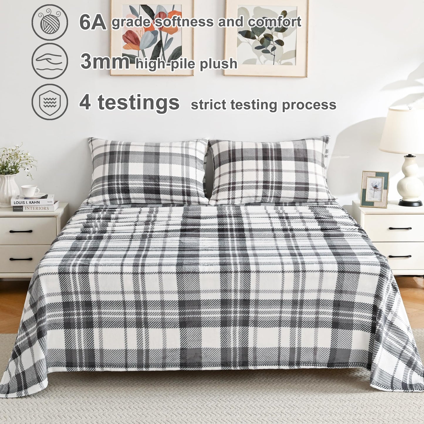 Softan Fleece Sheets Queen Size, Flannel Like Soft, Fuzzy Warm Plush Sheets, Velvet Polar Microfleece Bedding for Winter, Grey White Plaid