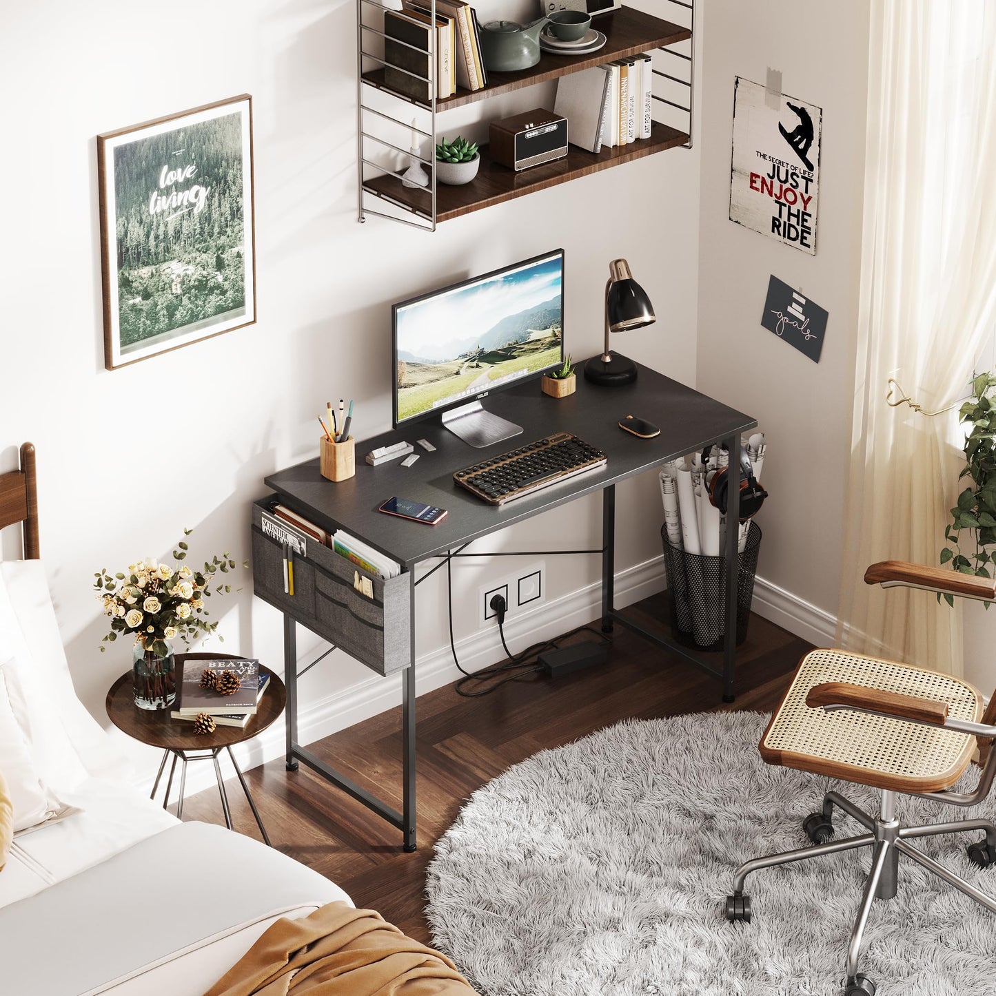 COTUBLR 39 Inch Computer Desk, Home Office Desk, Simple Modern Small Desk for Bedroom, Writing Desk with Storage Bag, Study Table for Students, Black