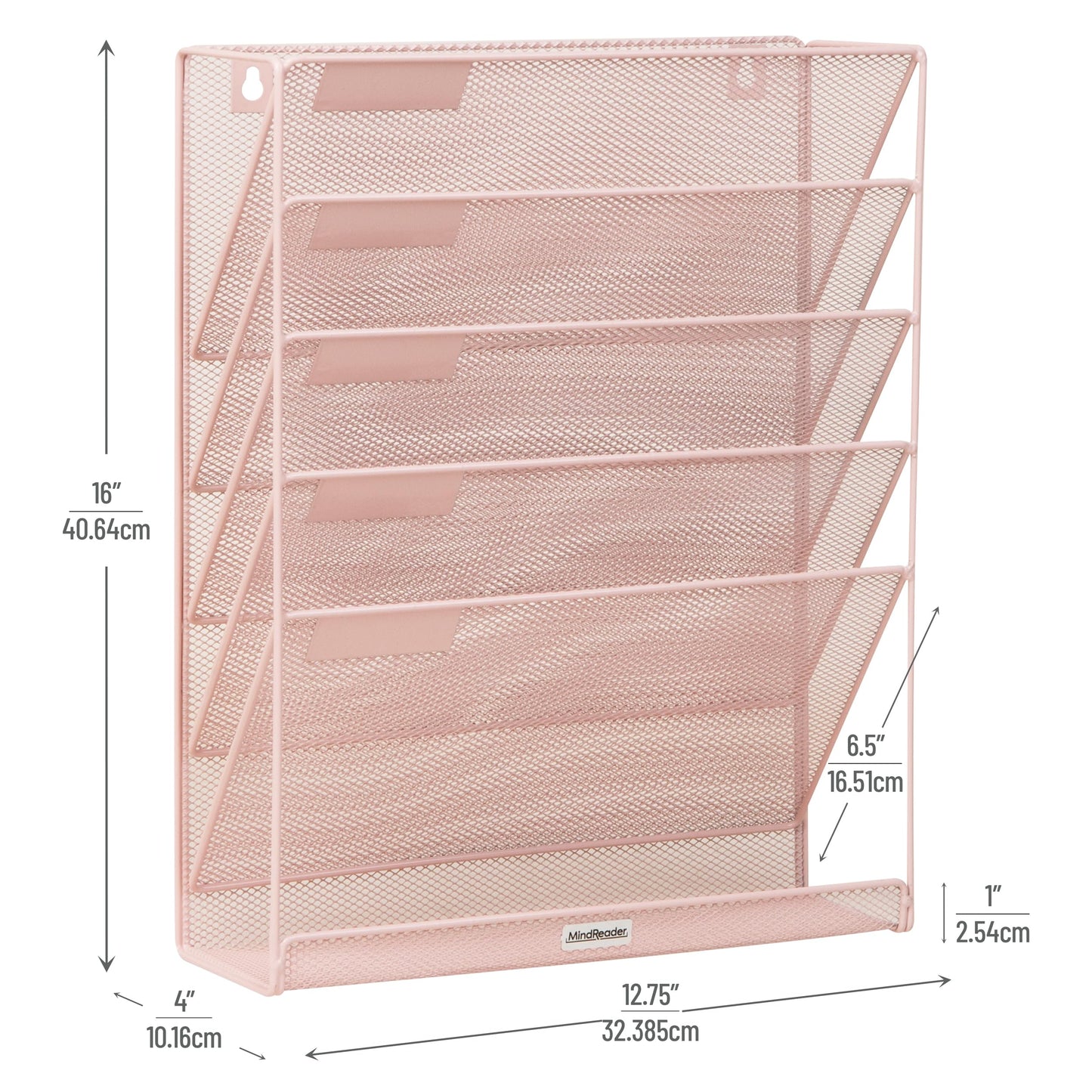 Mind Reader 5-Tier Vertical File Storage, Desktop Organizer, Wall Mount, Office, Metal Mesh, 12.75"L x 4"W x 16"H, Pink