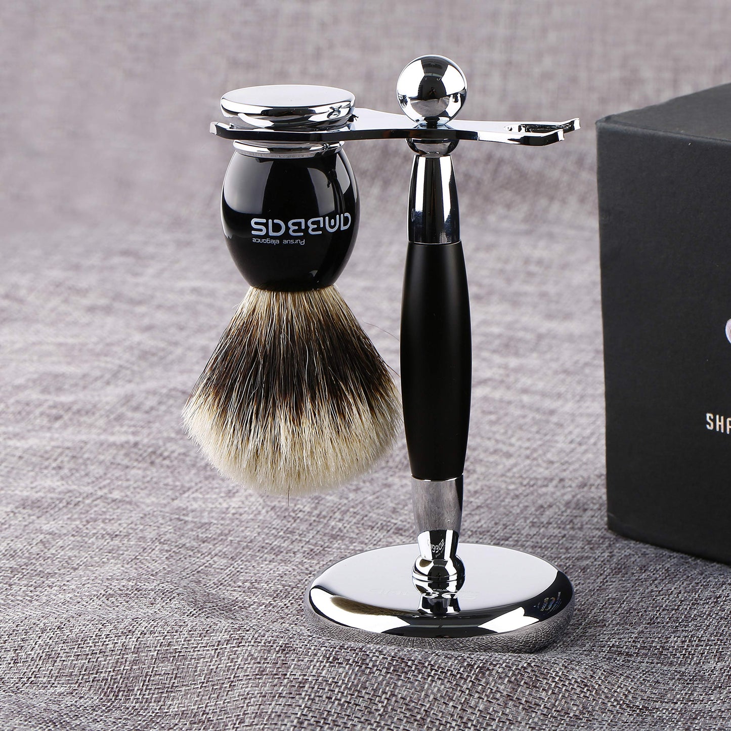 Anbbas Shaving Brush and Stand,Silvertip Badger Hair Brush Black Resin Alloy Handle with Stainless Steel Shaving Stand for Double Edge Safety Razor Straight Razor for Men