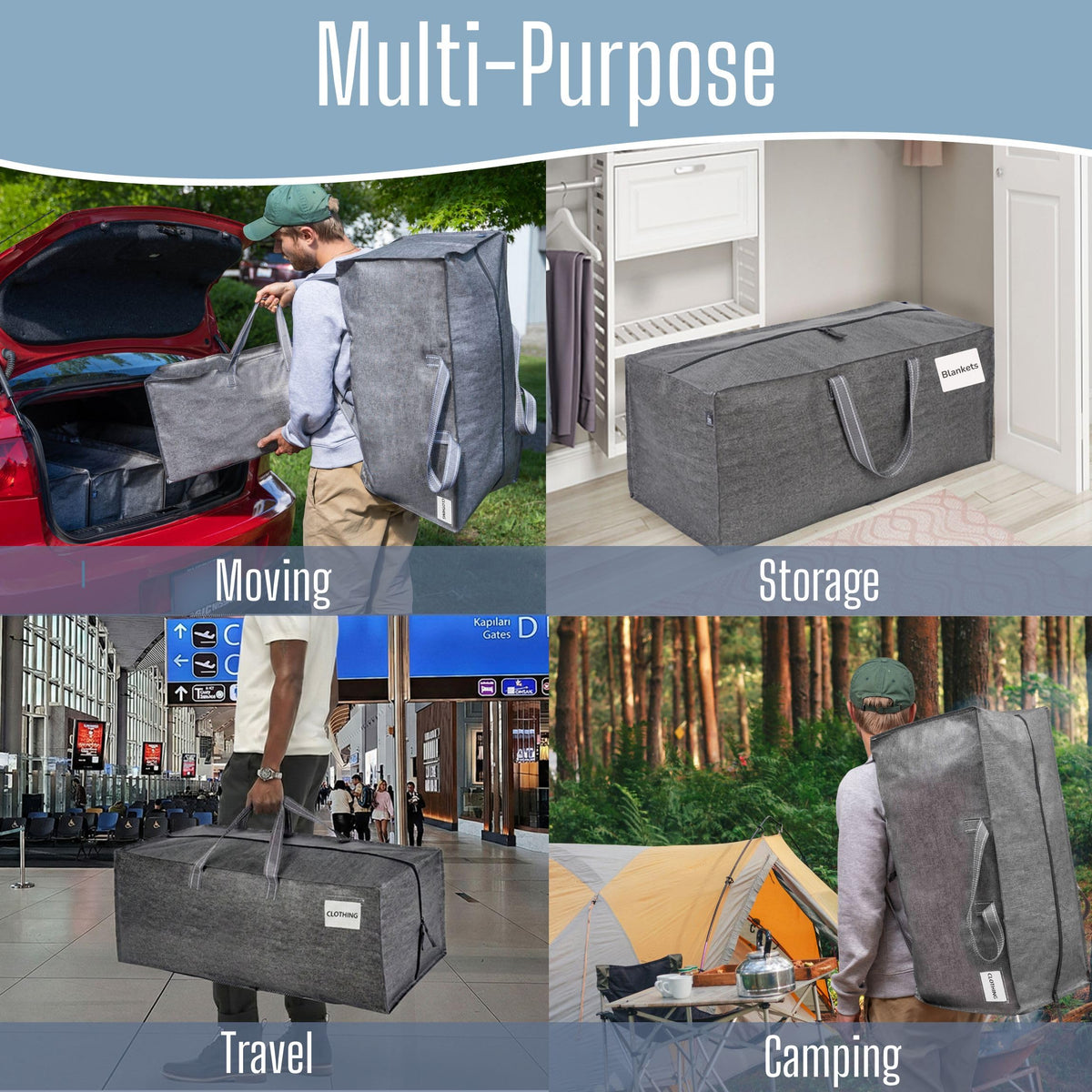 VENO Moving Bags w/Backpack Straps, Moving Supplies, Moving Boxes, College Packing Storage Boxes with Lids Alternative, Heavy Duty, Extra Large, Sturdy Handles, Zippers (Gray, 6 Pack)