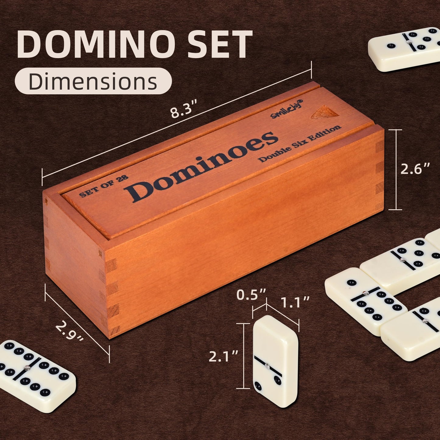 Smilejoy Domino Set for Adults, Double Six Jumbo Dominos Set,Thick Size Domino Game, Double 6 Dominoes for Family Games for Adults and Elderly, Jumbo 28 Tiles with Prime Brown Wood Box (2-4 Players)