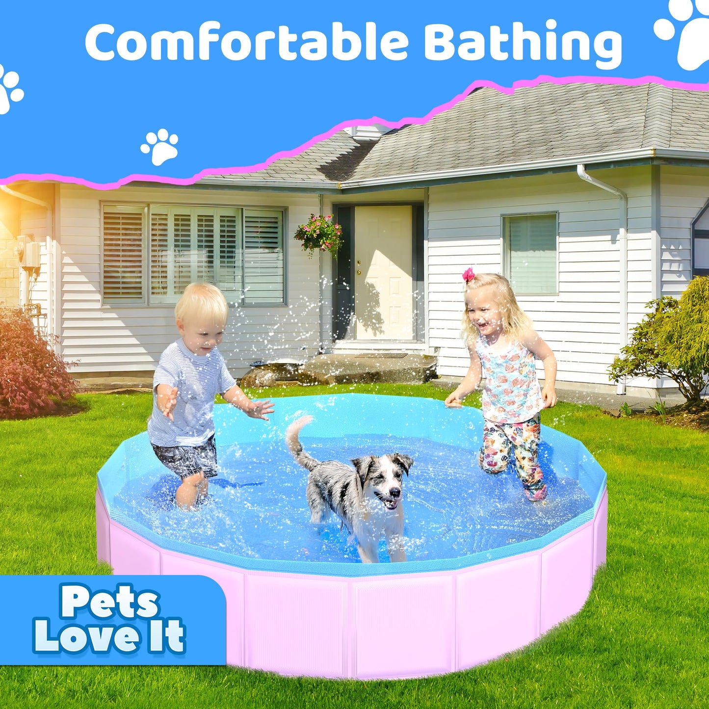CACSPS Foldable Dog Pool, 87" x 12" Kiddie Pool with Hard Plastic, Non-Slip Dog Bath Tub for Outdoor Backyard, Collapsible Dog Swimming Pool for Kids Dogs Pets (Pink)