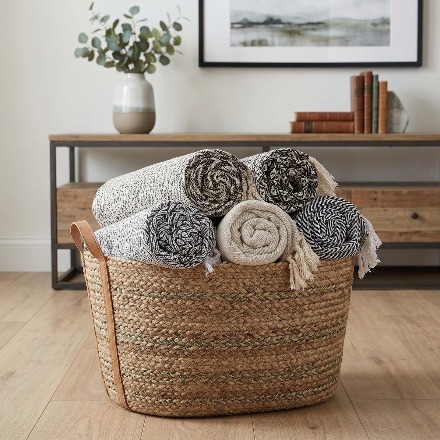Americanflat Zaina Cream Herringbone Cotton Blanket Throw with Fringe - 50x60 Inches