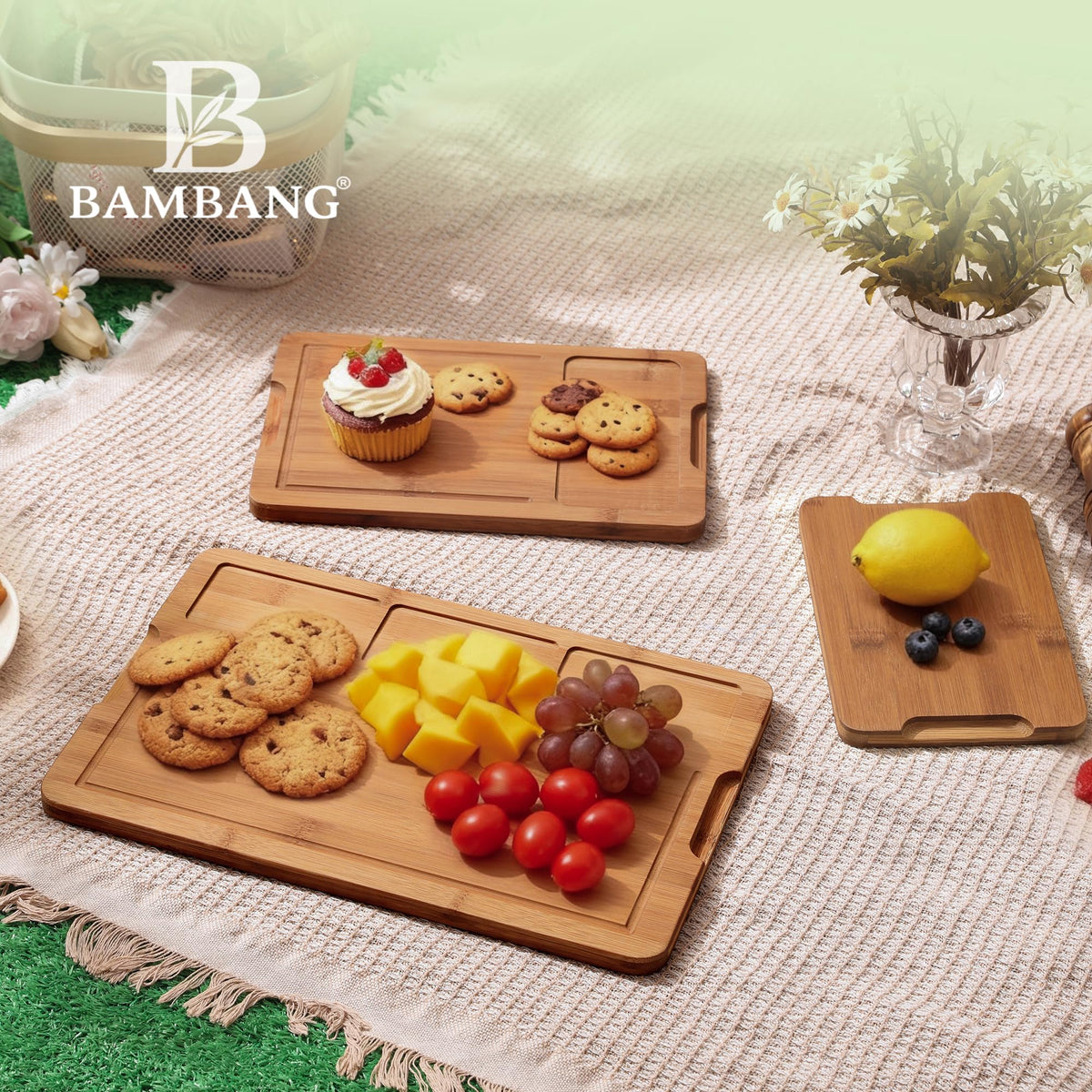 BAMBANG Bamboo Cutting Board, Dark Carbonized Chopping Boards Set of 3 with Stand, Butcher Block with Deep Juice Groove, Non-Toxic Wooden Cutting Boards for Kitchen Meal Prep & Serving