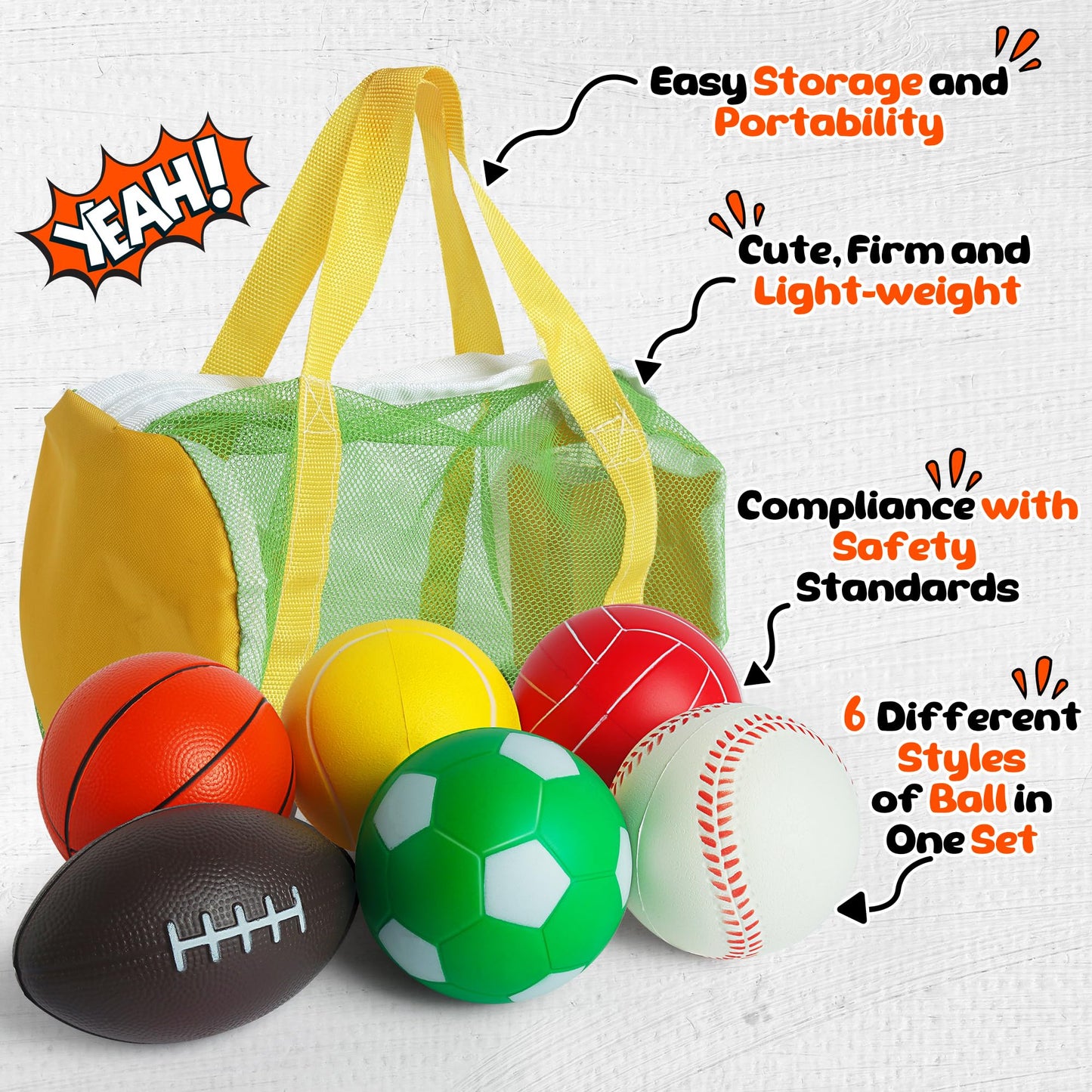 Billeeit Mini Sports Balls Set for Toddler 1-3 Kids 3+, First Sports Bag Include 1 Each of 3.5" Foam Soccer, Tennis Ball, Basketball, Football, Baseball, Volleyball, Fun Baby Ball Toys, Set of 6