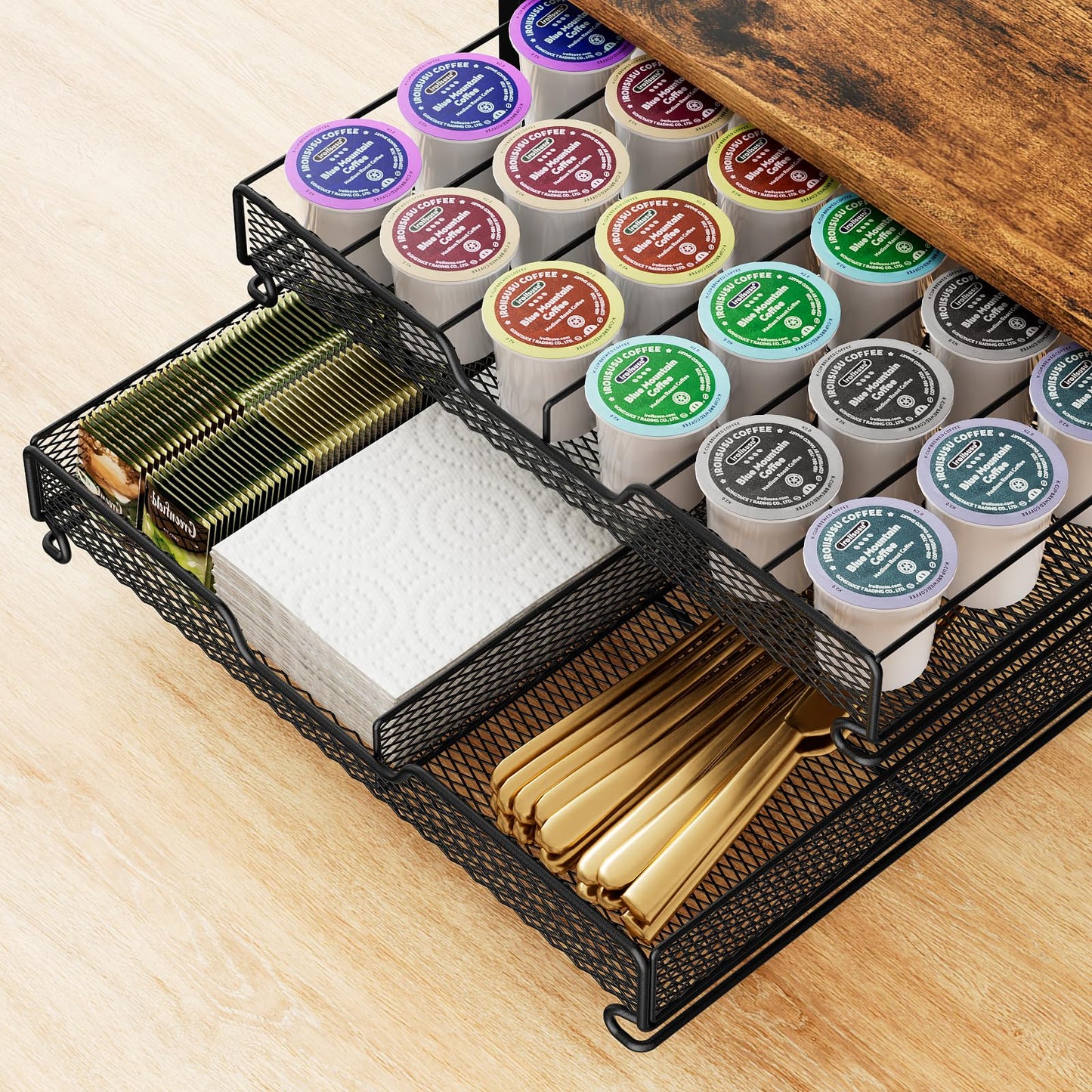 Plaviya Coffee Bar Organizer Countertop Station Shelf, 4 Tier Mug Cup Holder Stand with 12 Hooks, 60 K Cup Coffee Pod Drawer, Multifunctional Coffee Shelf Organizer for Accessories Station Kitchen