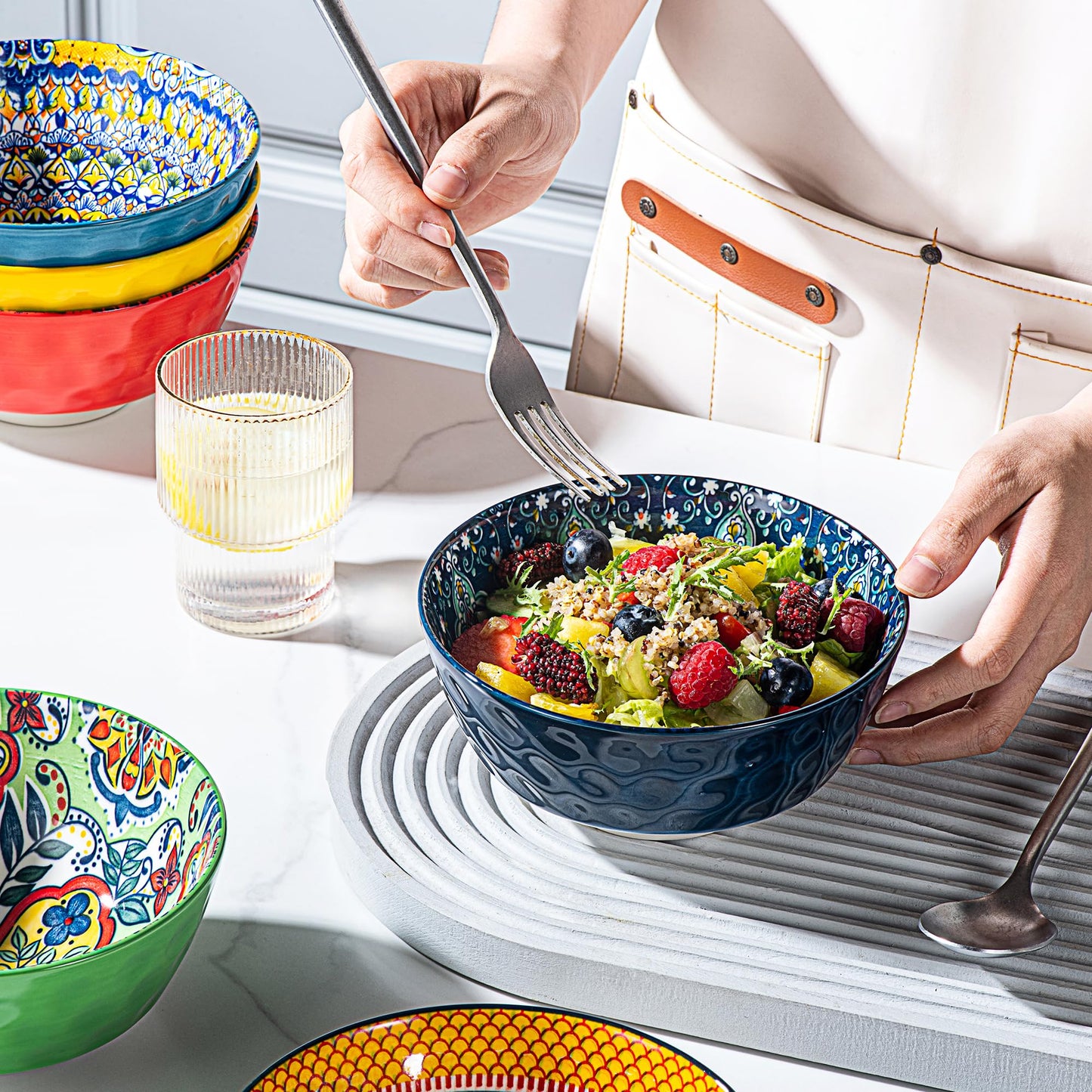 Porcelain Cereal, Soup Bowls Set of 6-25 Oz Colorful Serving Bowls for Salad, Pasta, Oatmeal, Dessert, Dishware, Microwave & Oven Safe - Bohemian Style