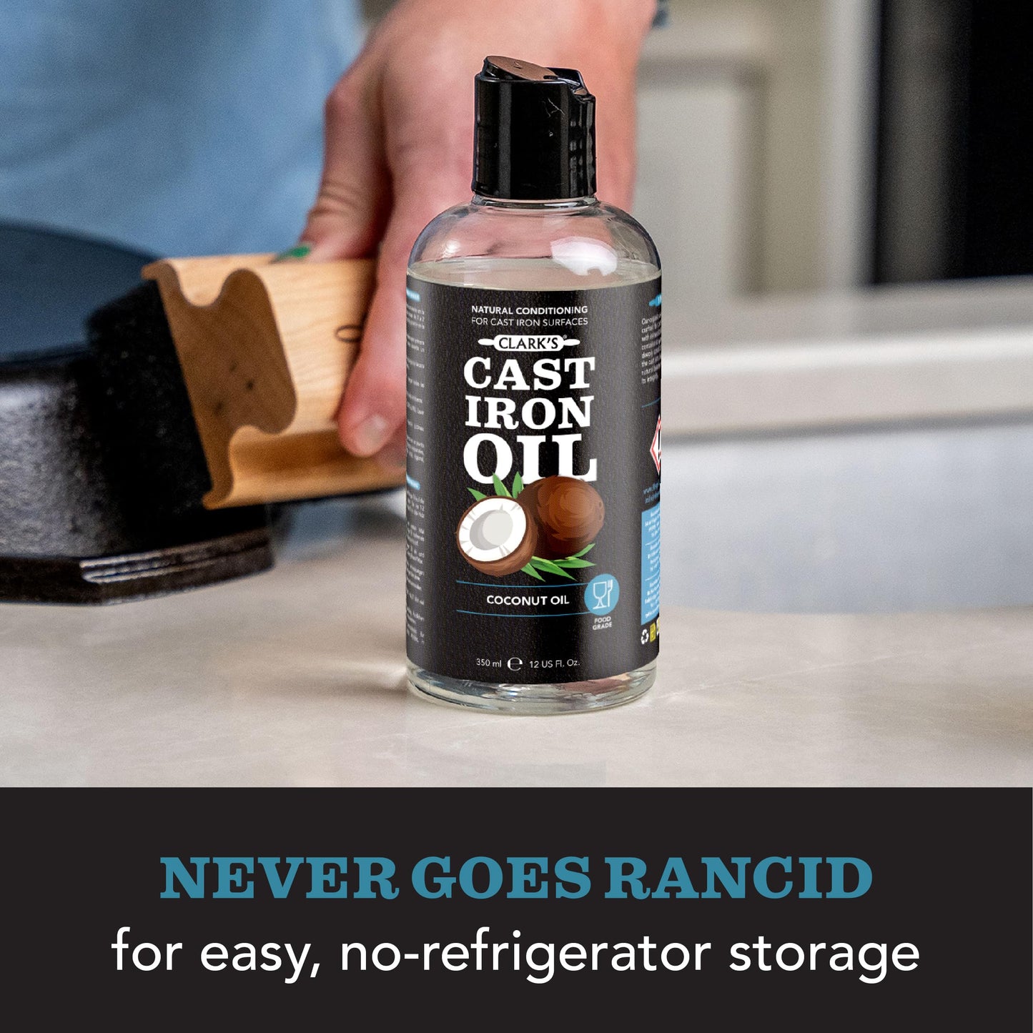 CLARK'S Complete Cast Iron Care Kit - Seasoning Oil (12 oz) - Soap - Scrub Brush - Applicator Pad - Suitable for All Cast Iron and Carbon Cookware Maintenance