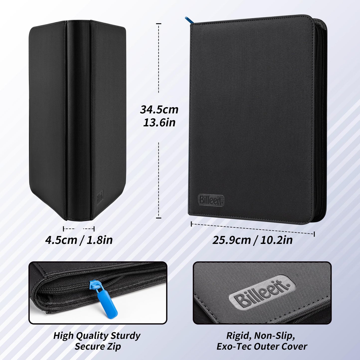 Billeeit Zipper Trading Card Binder, 9 Pocket 540 Side-Loading Slots Card Album, Ringless Standard Size Card(2.5" x 3.5") Protective Organize Folder, BLACK
