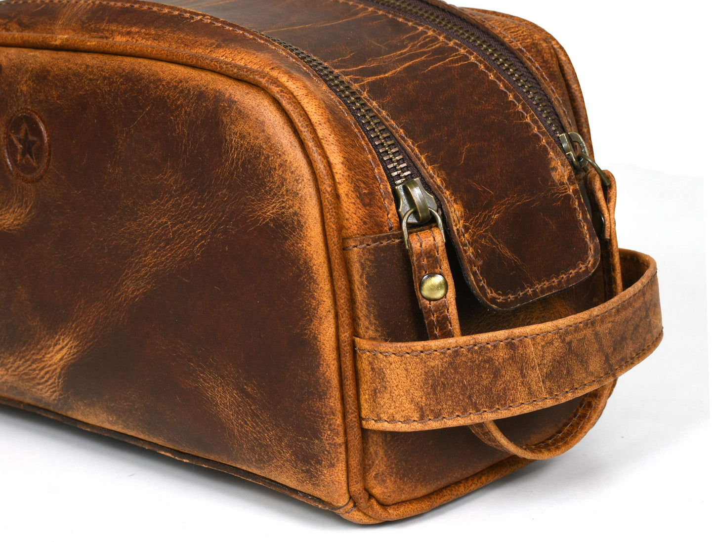 10" Premium Leather Toiletry Travel Pouch with Waterproof Lining | King-Size Handcrafted Vintage Dopp Kit by Aaron Leather Goods (Copper)