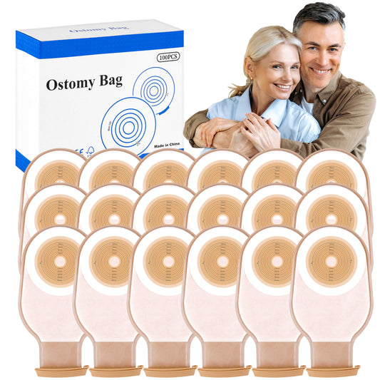 100 Pack Colostomy Bags, 15mm-65mm Ostomy Supplies,One-Piece Ostomy Bag for Lleostomy Stoma Care， Cut-to-Fit Drainable Pouches with Closure.
