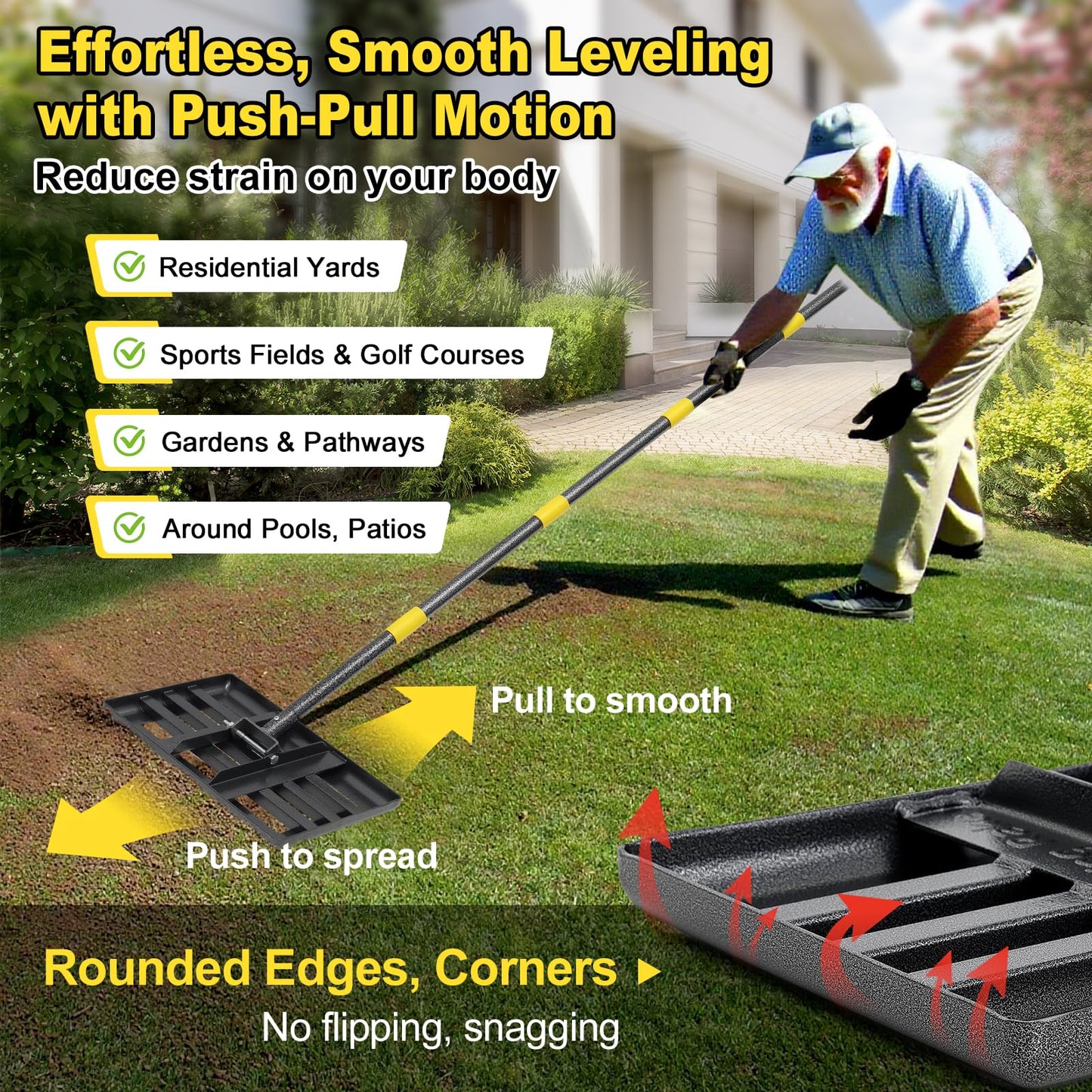 Lawn Leveling Rake: Anti Flipping 17" x 10" Stainless Steel Lawn Ground Leveler for Soil, Heavy Duty Grass Top Soil Dressing Leveling Rake, Home Lawn,Golf Field,Yard Landscaping Tool, 5ft Long Handle