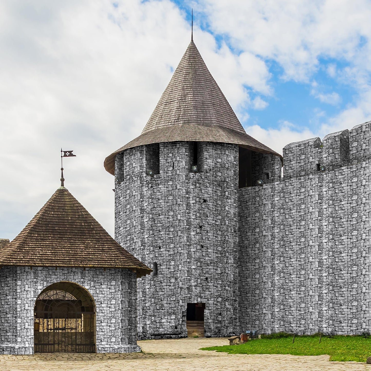 Aneco Halloween Stone Wall Tablecloth Roll with Cutter Box 120 Ft X 54 Inch Disposable Brick Stone Plastic Table Cover Medieval Brick Wall Backdrops for Castle Knight Theme Parties and Birthdays