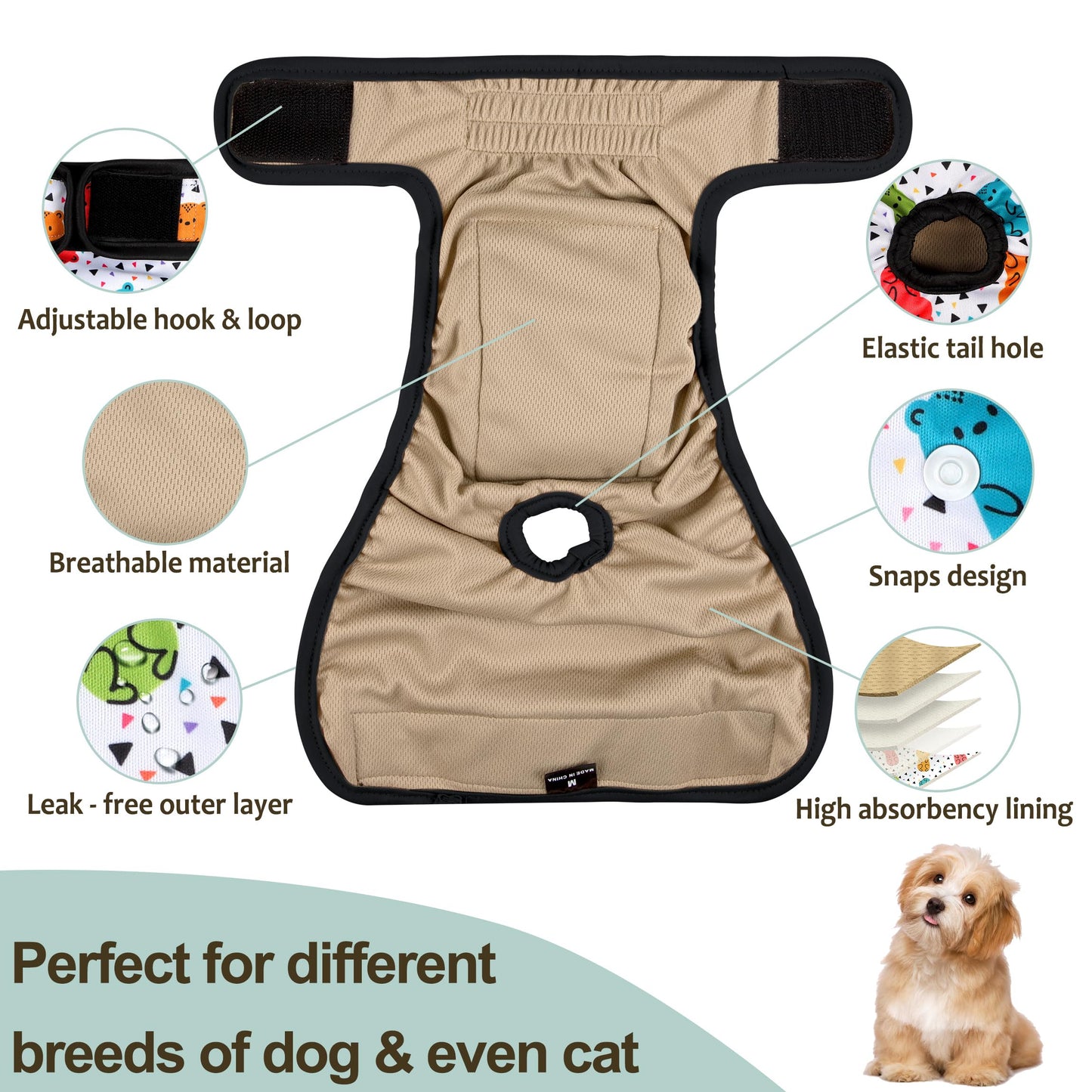 Grecle Washable Female Dog Diapers - Premium Reusable Diapers for Doggie in Heat - Highly Absorbent Dog Diapers Female for Pet Incontinence with Adjustable Snaps(Animals, XXL)