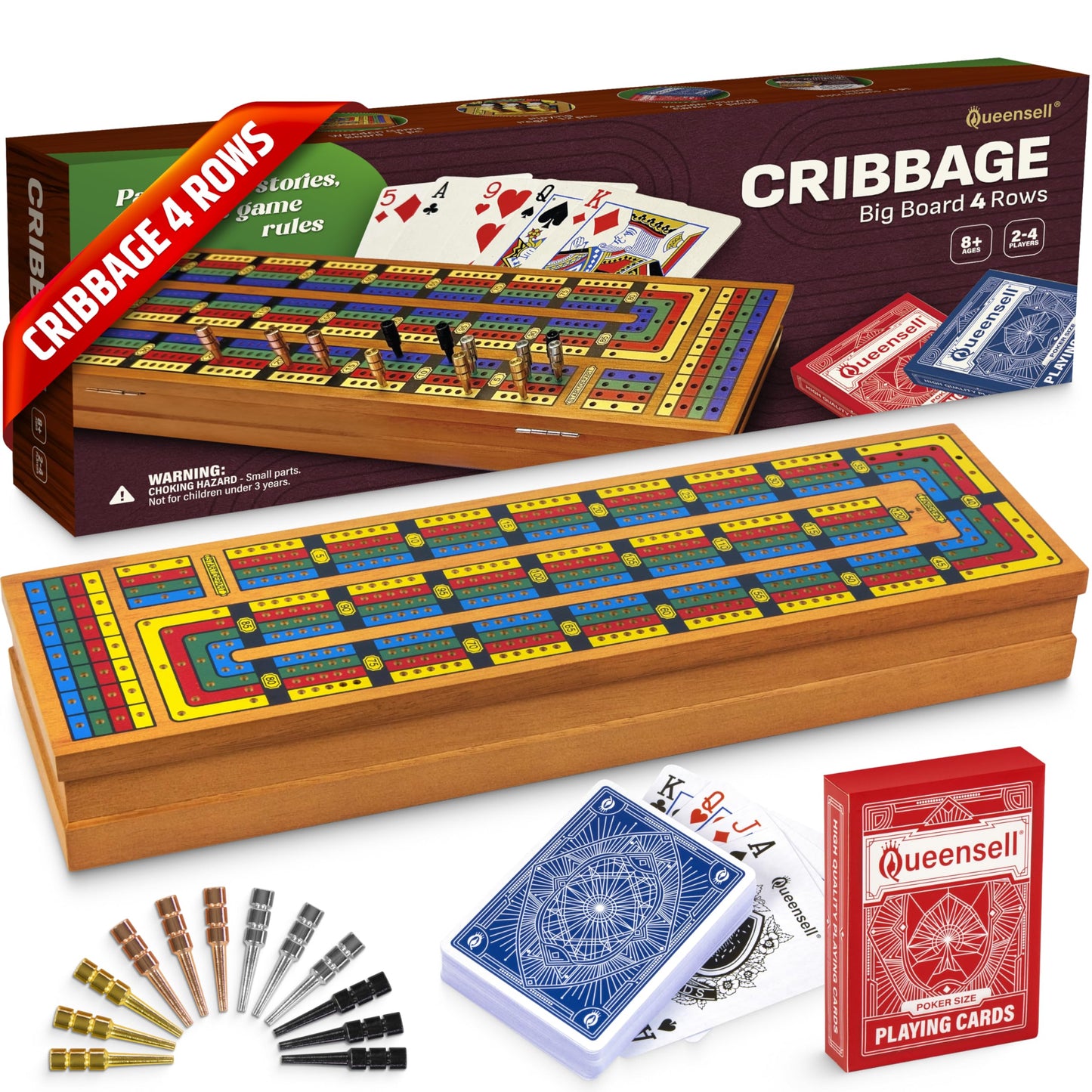 Cribbage Board Game Set with Storage – Wooden 4 Track Cribbage Board for 2–4 Players with Metal Pegs & Playing Cards – Classic Travel & Home Board Game