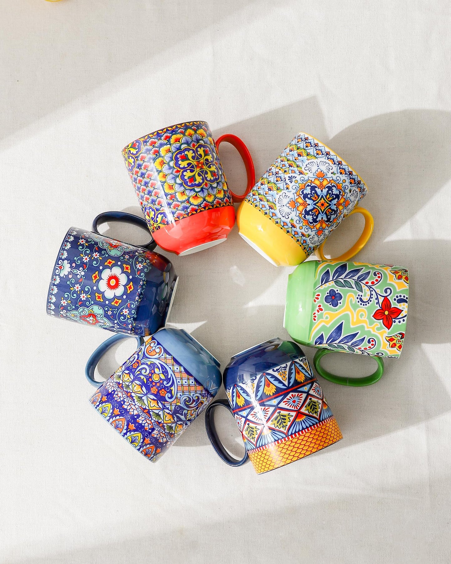 Coffee Mugs Set 14 Ounce - Multicolor Porcelain Cups for Latte, Hot Tea, Cappuccino, Cocoa, Soup, Dishwasher, Microwave Safe, Christmas Gift Set of 6 - Bohemian Style